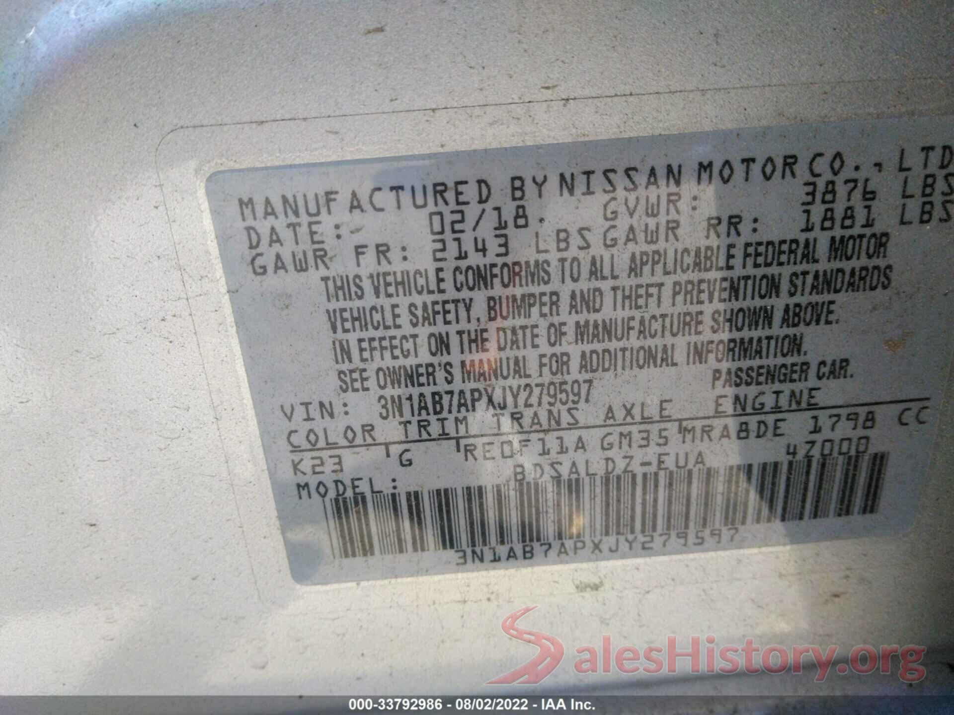 3N1AB7APXJY279597 2018 NISSAN SENTRA