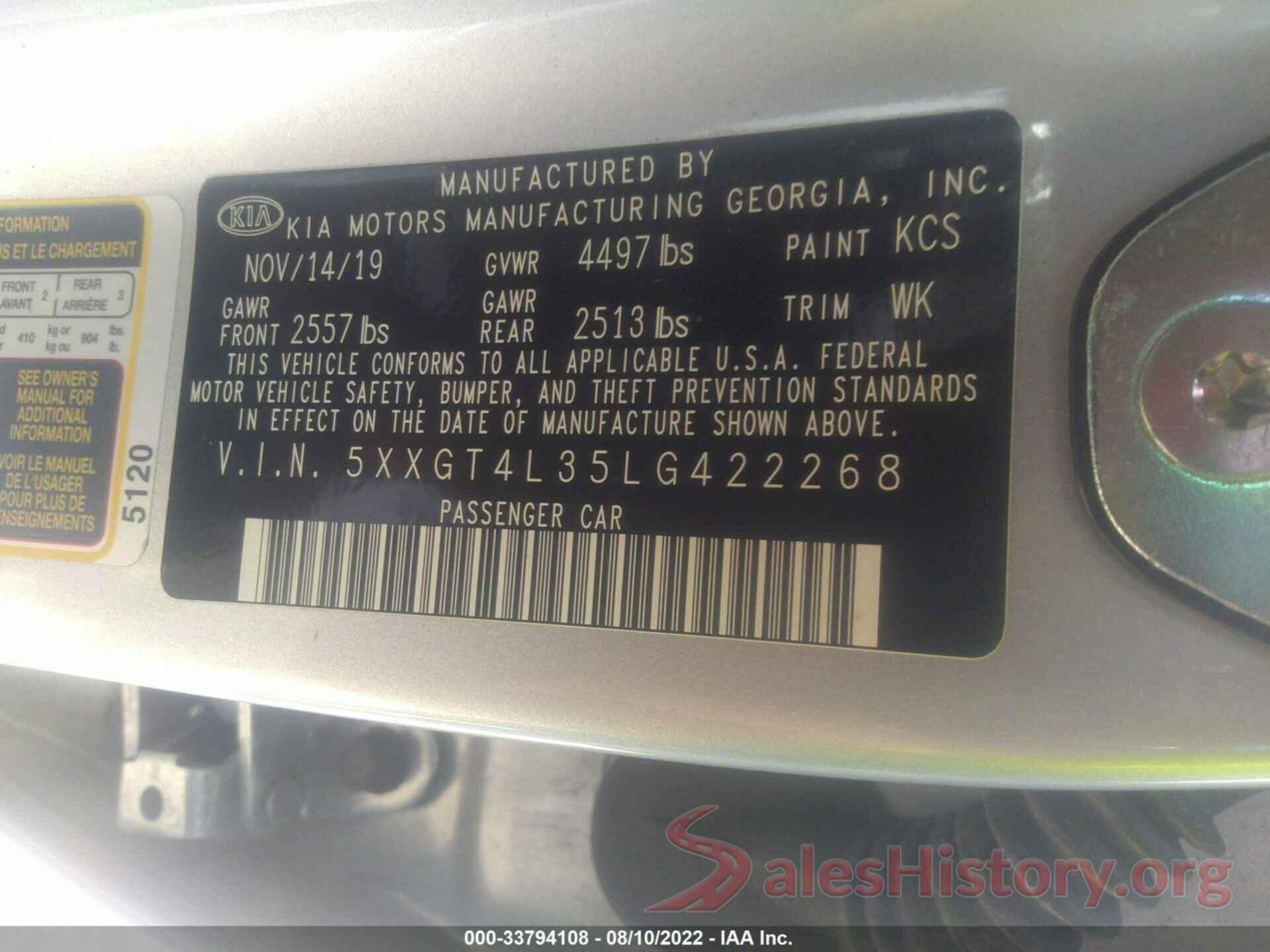 5XXGT4L35LG422268 2020 KIA OPTIMA