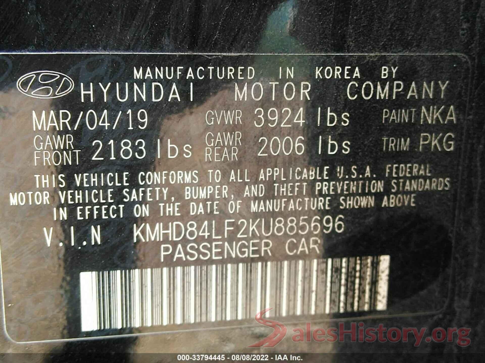 KMHD84LF2KU885696 2019 HYUNDAI ELANTRA