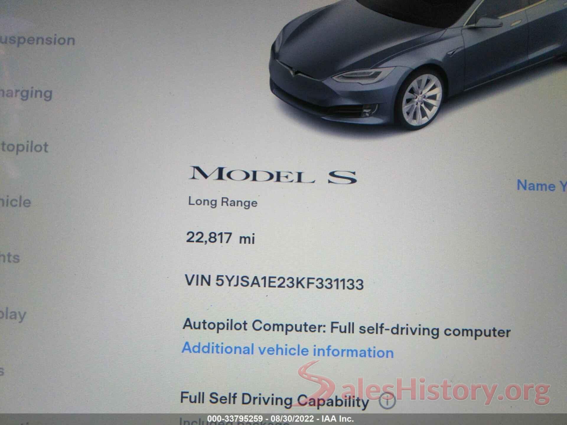 5YJSA1E23KF331133 2019 TESLA MODEL S