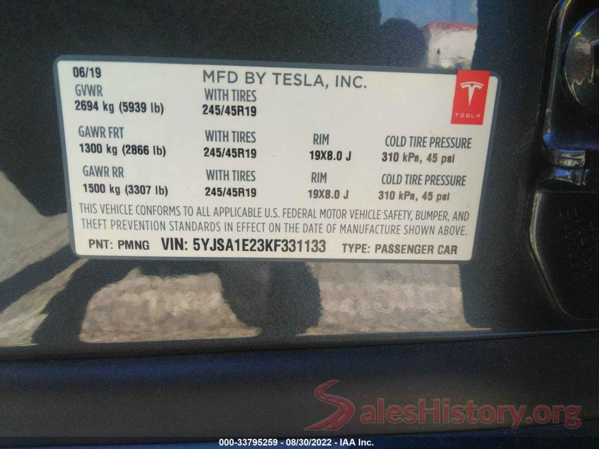 5YJSA1E23KF331133 2019 TESLA MODEL S