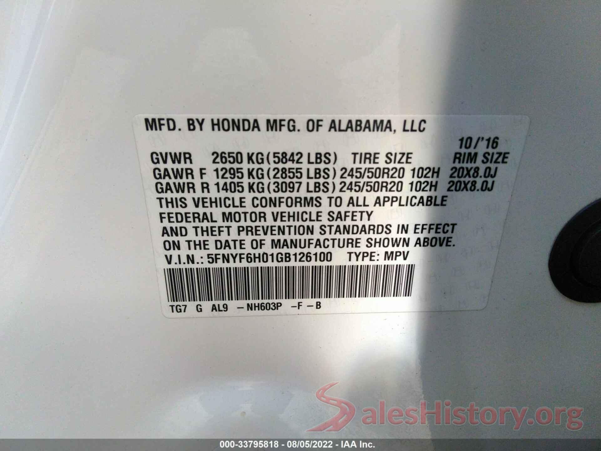 5FNYF6H01GB126100 2016 HONDA PILOT