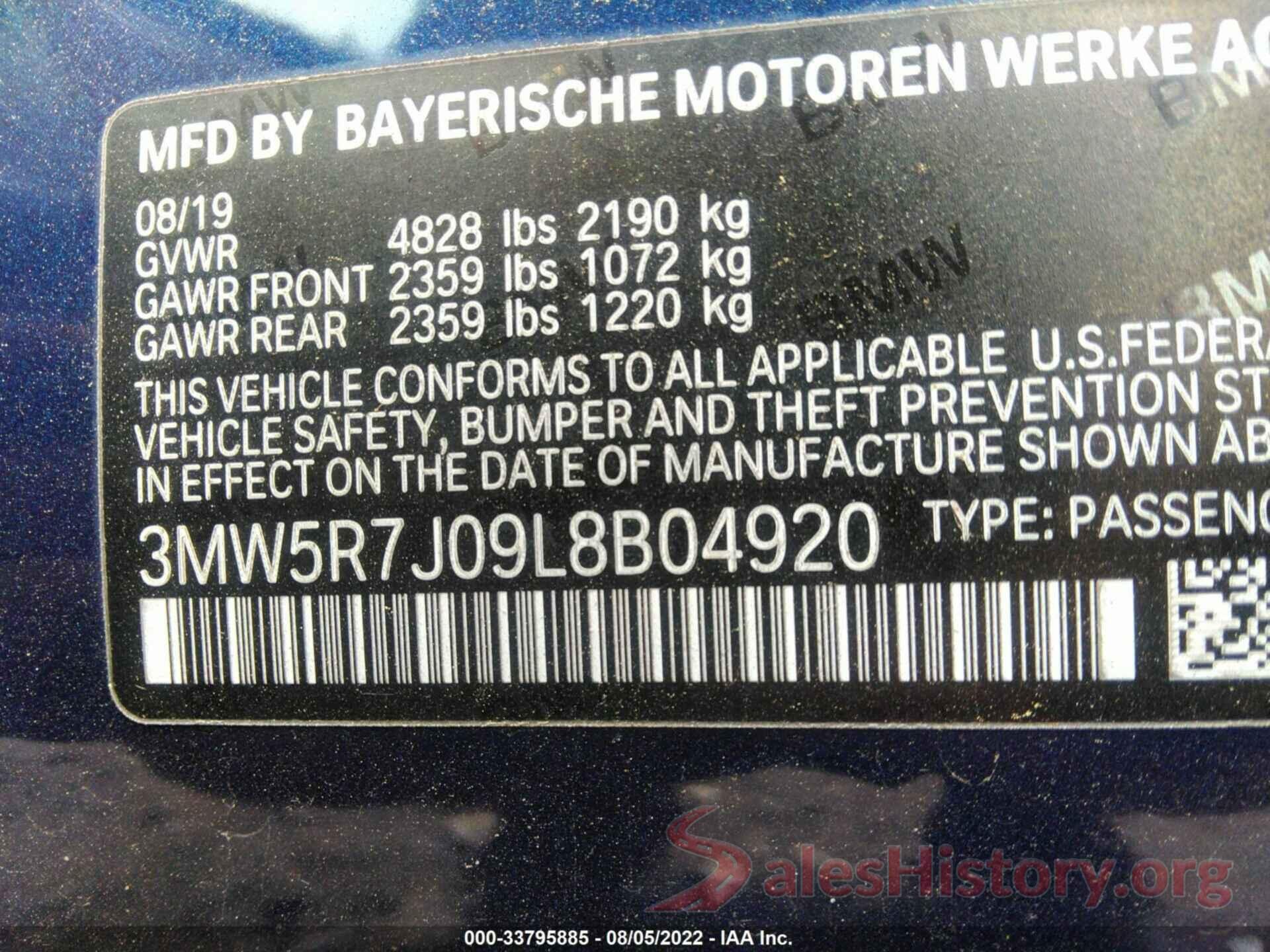 3MW5R7J09L8B04920 2020 BMW 3 SERIES