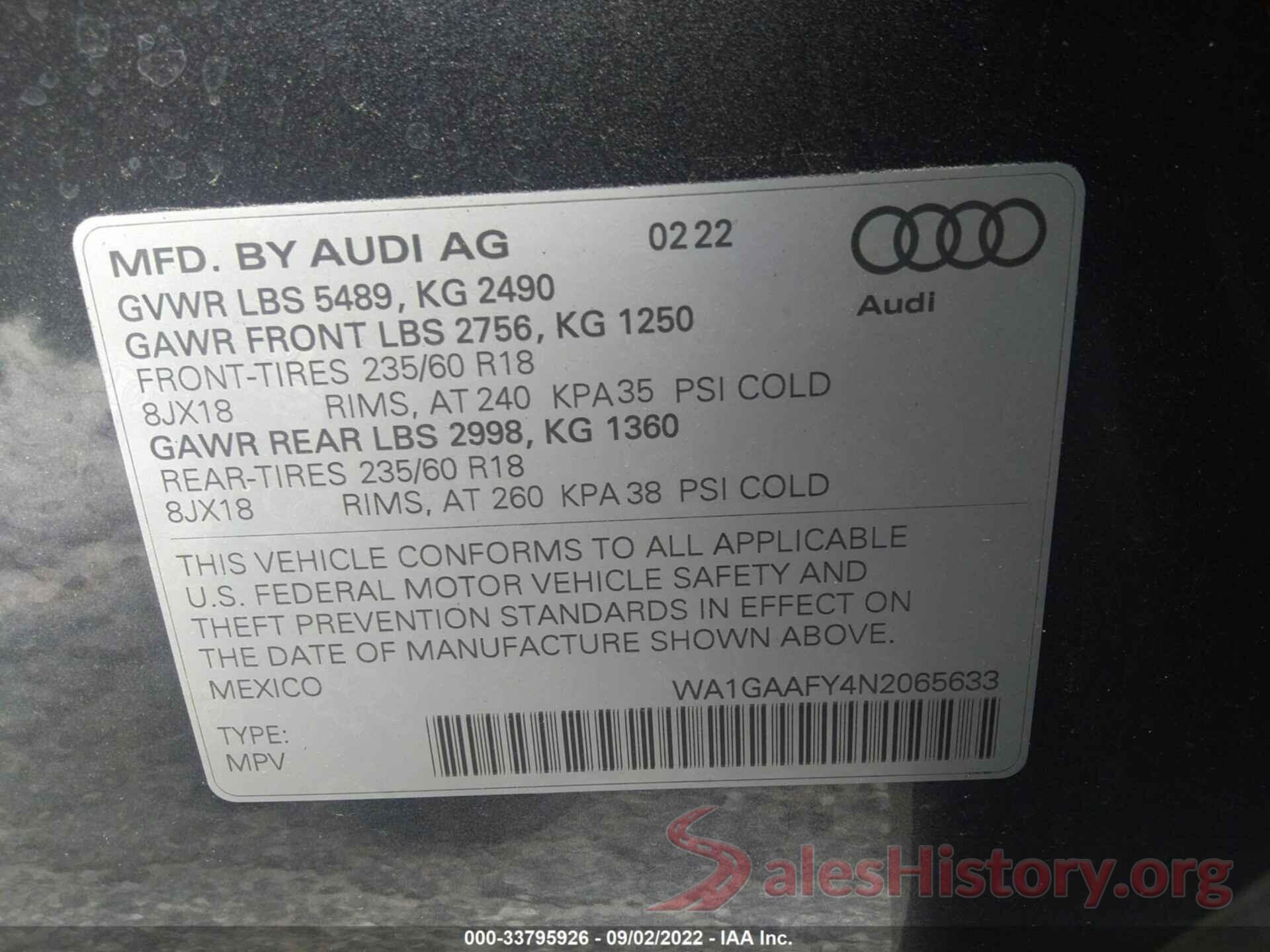 WA1GAAFY4N2065633 2022 AUDI Q5