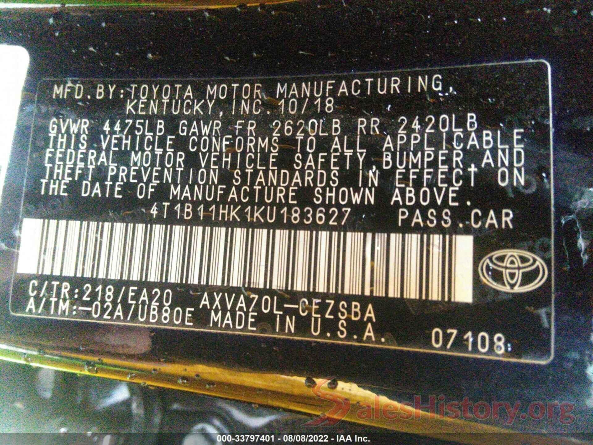 4T1B11HK1KU183627 2019 TOYOTA CAMRY