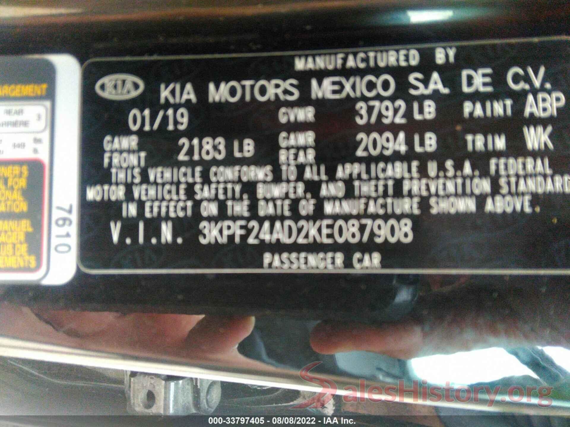 3KPF24AD2KE087908 2019 KIA FORTE