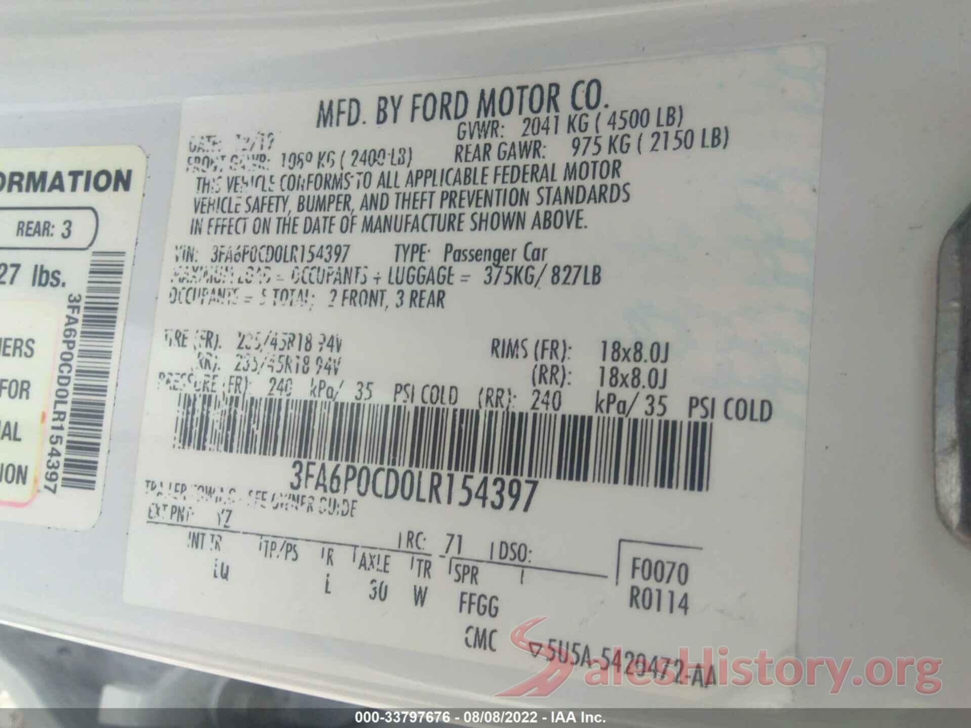 3FA6P0CD0LR154397 2020 FORD FUSION