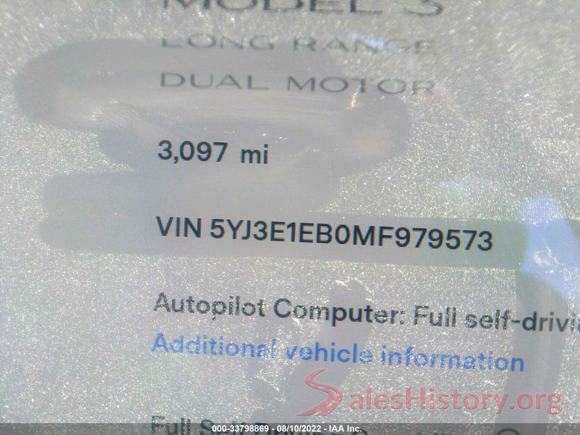 5YJ3E1EB0MF979573 2021 TESLA MODEL 3