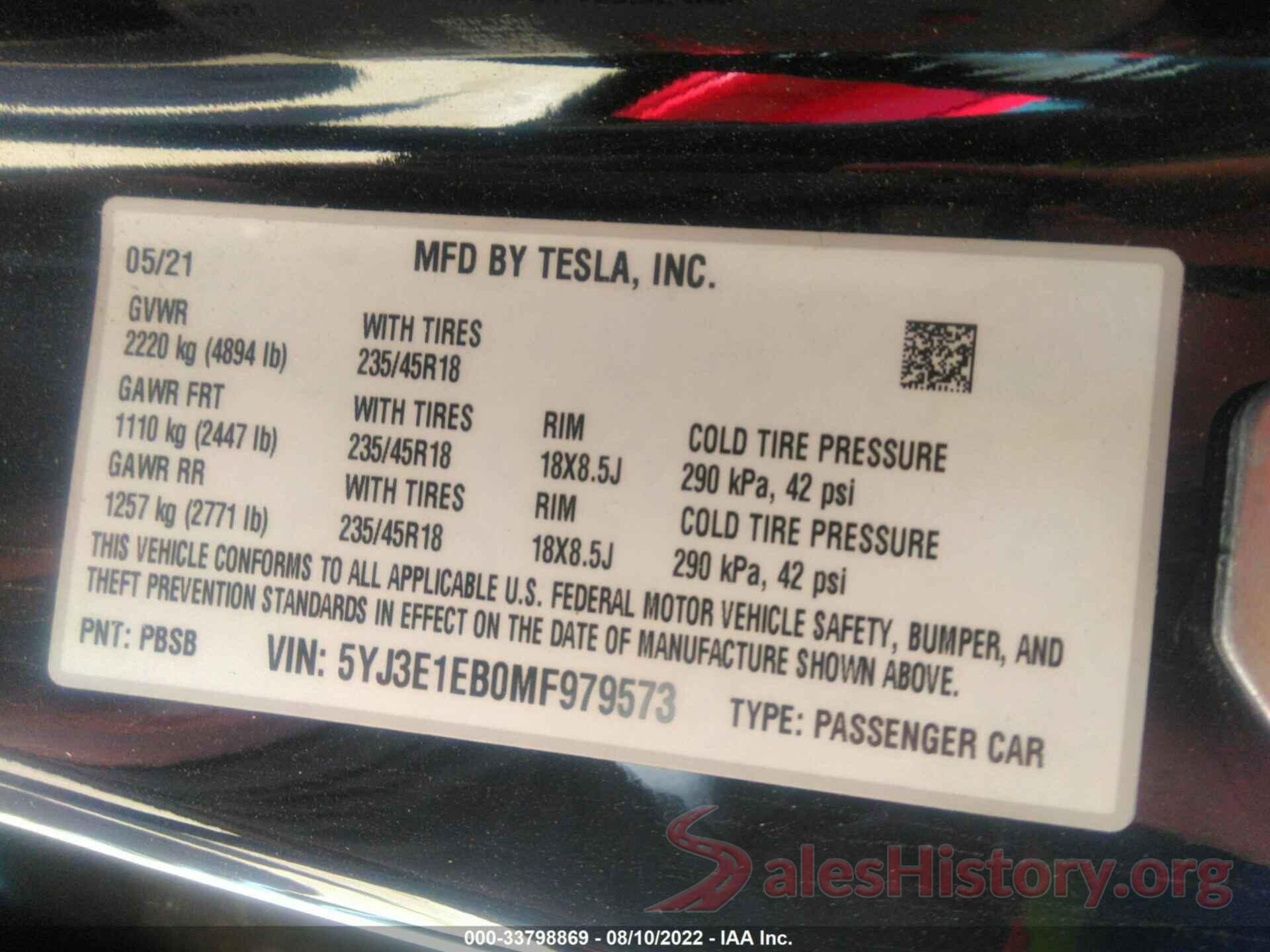 5YJ3E1EB0MF979573 2021 TESLA MODEL 3