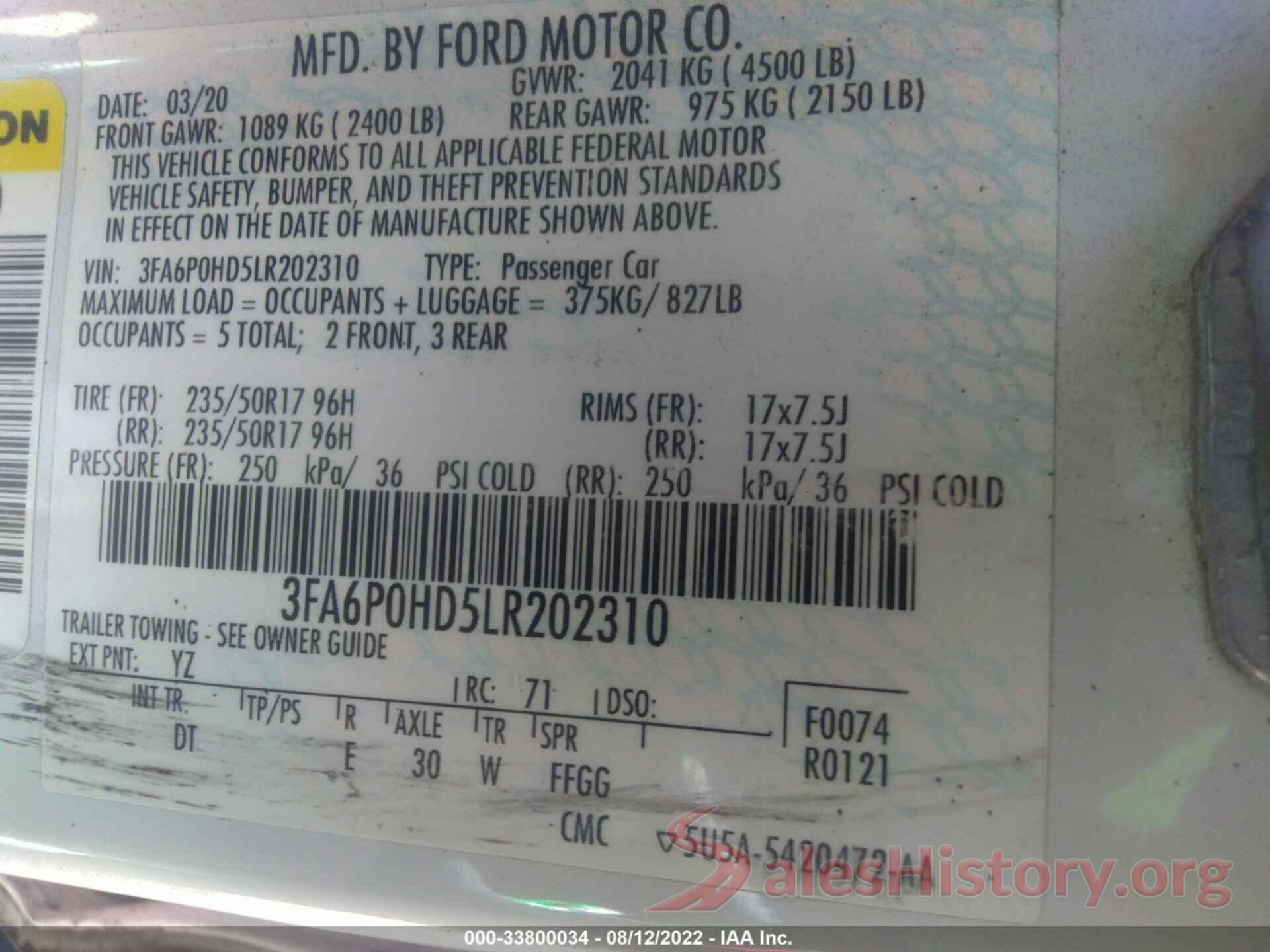 3FA6P0HD5LR202310 2020 FORD FUSION