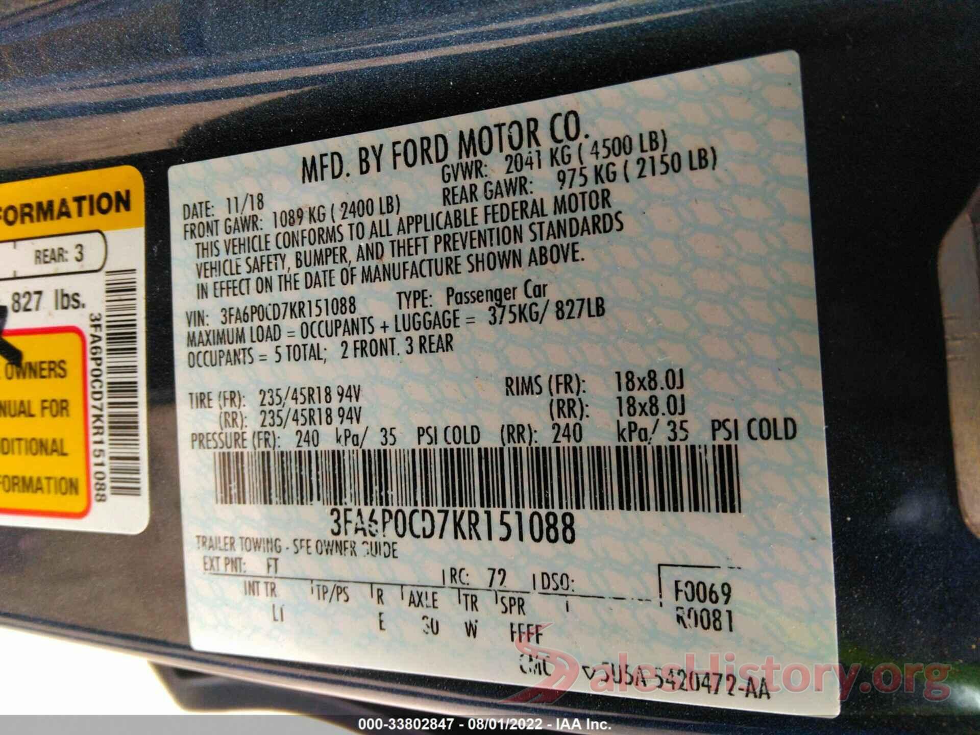 3FA6P0CD7KR151088 2019 FORD FUSION