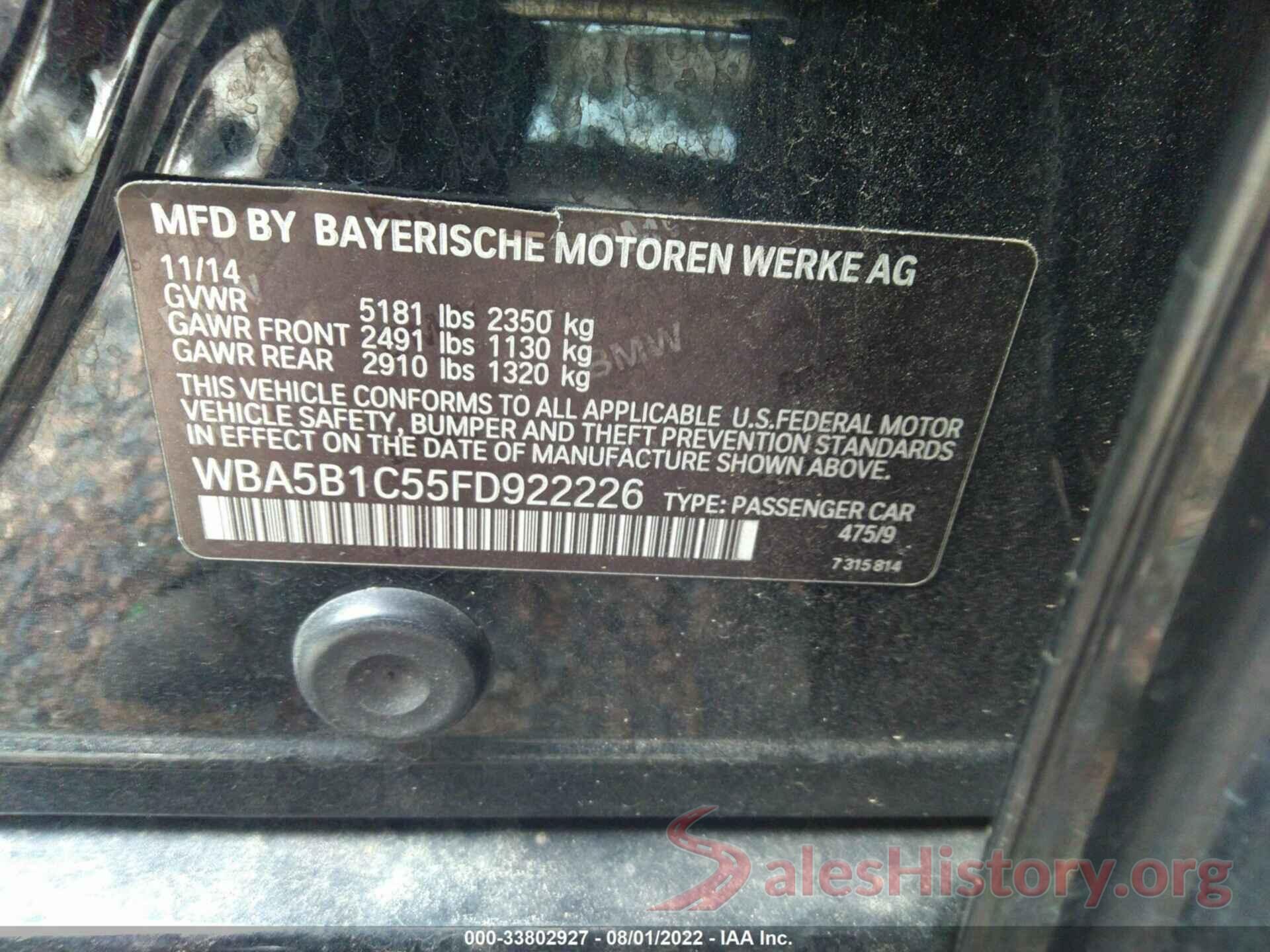 WBA5B1C55FD922226 2015 BMW 5 SERIES