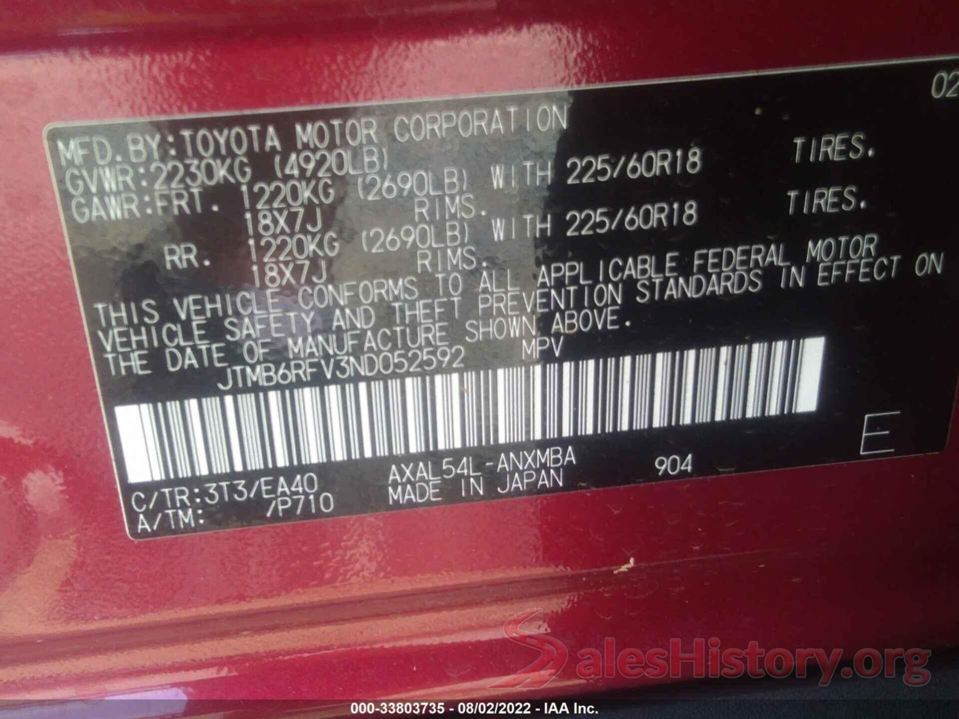 JTMB6RFV3ND052592 2022 TOYOTA RAV4