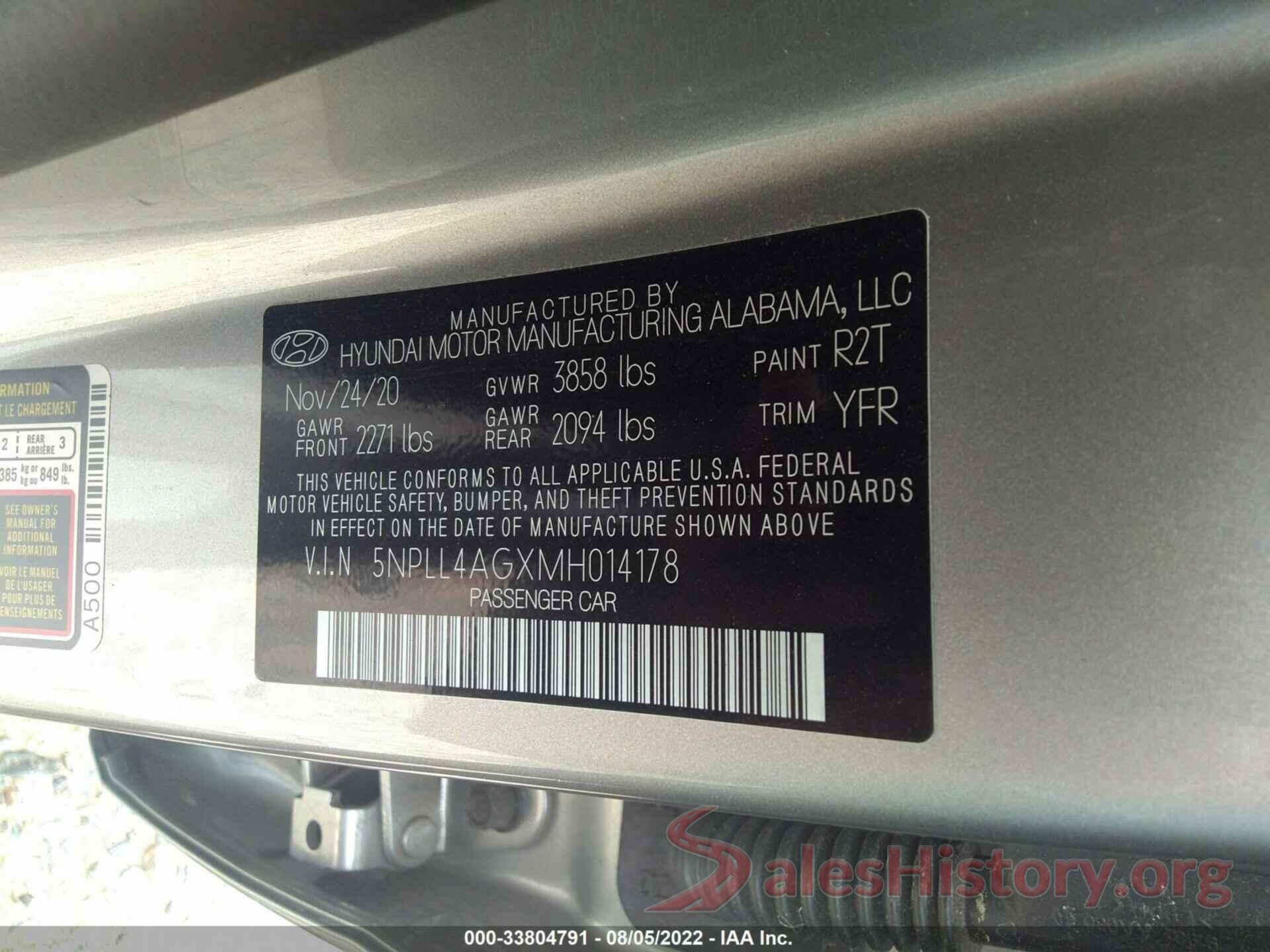 5NPLL4AGXMH014178 2021 HYUNDAI ELANTRA