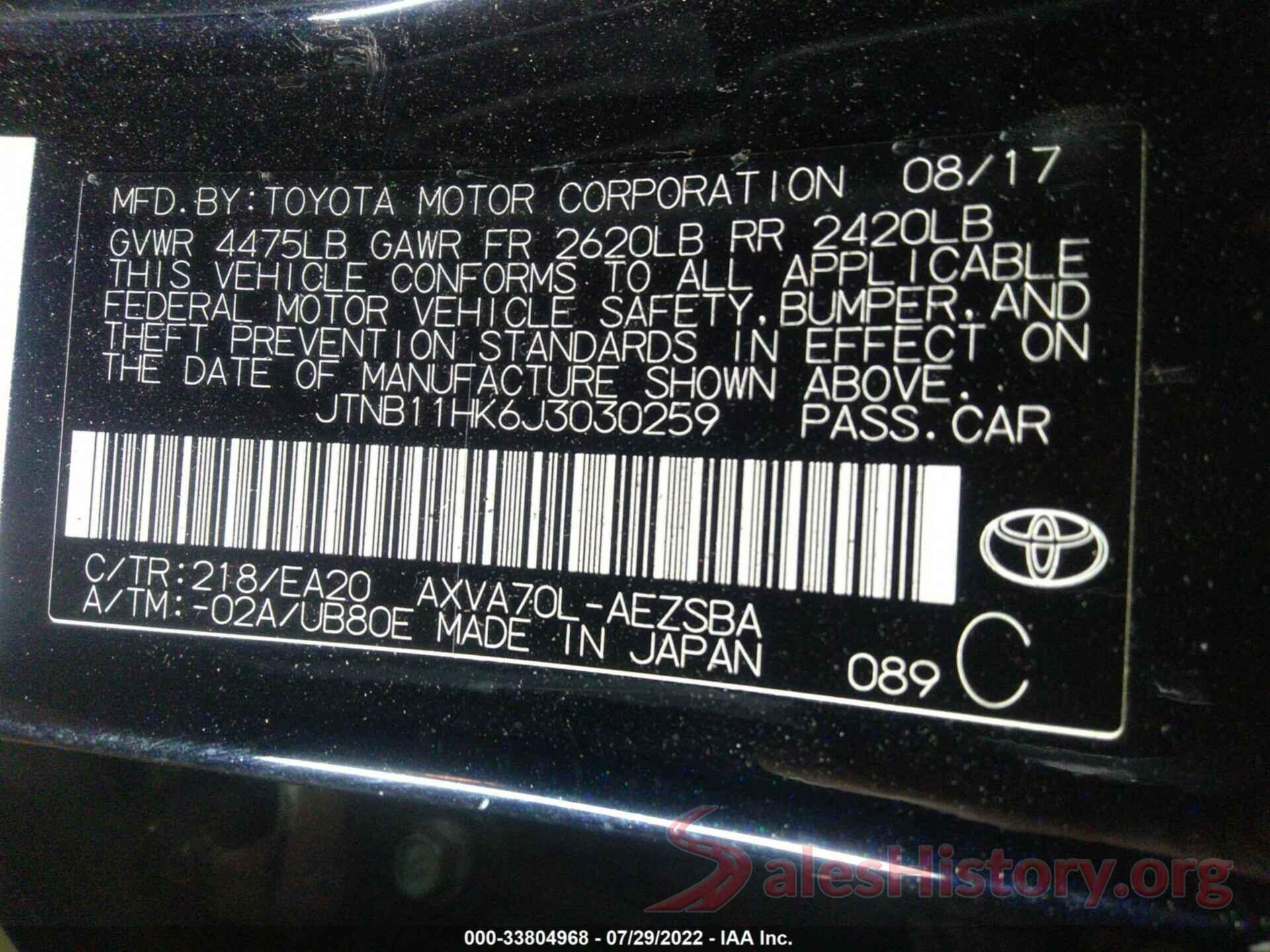 JTNB11HK6J3030259 2018 TOYOTA CAMRY