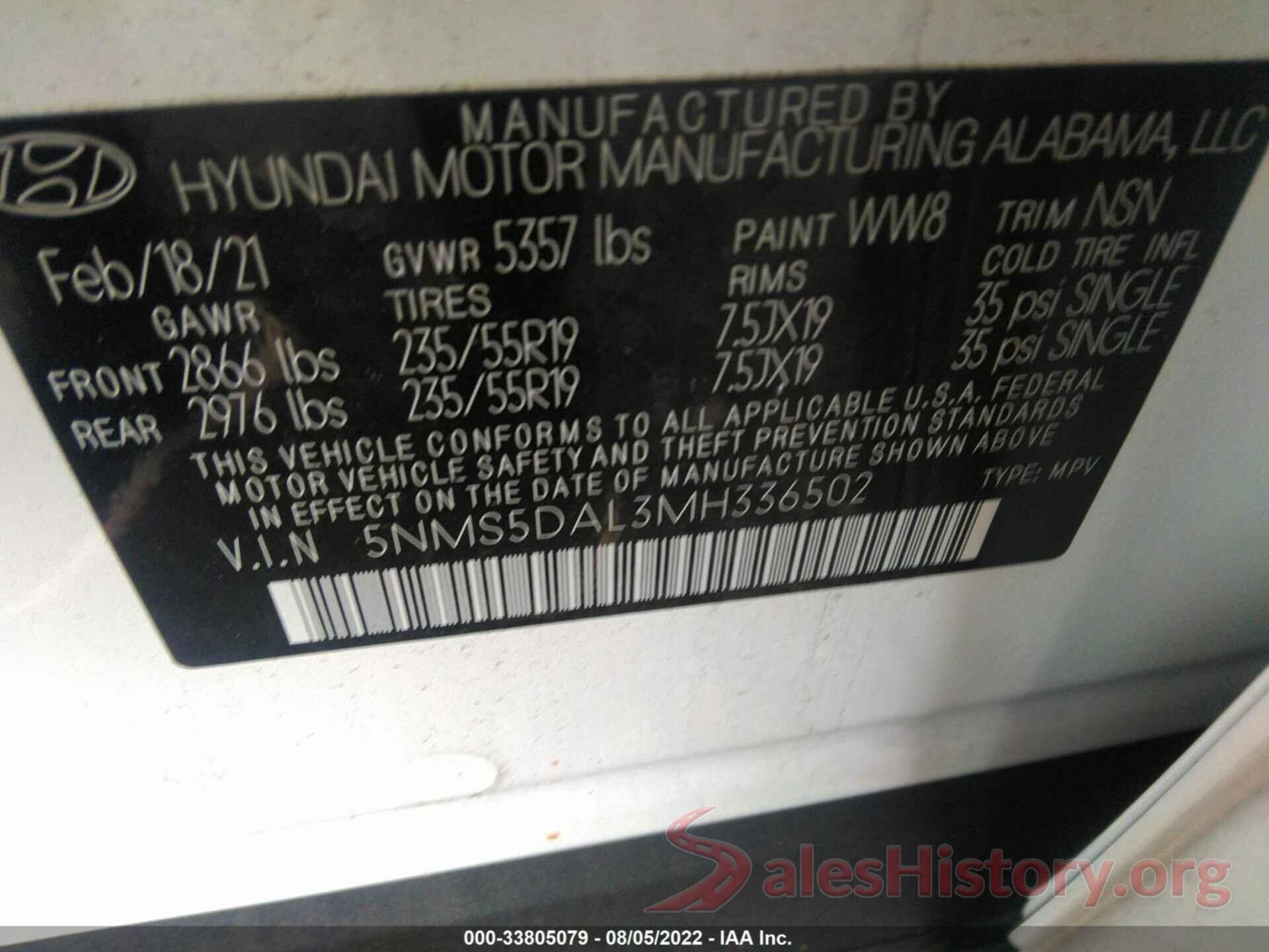 5NMS5DAL3MH336502 2021 HYUNDAI SANTA FE