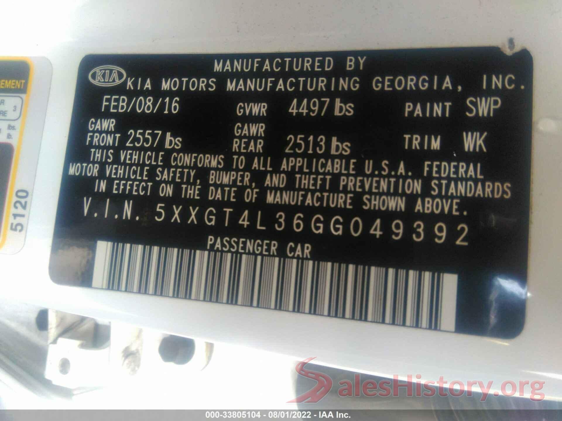 5XXGT4L36GG049392 2016 KIA OPTIMA