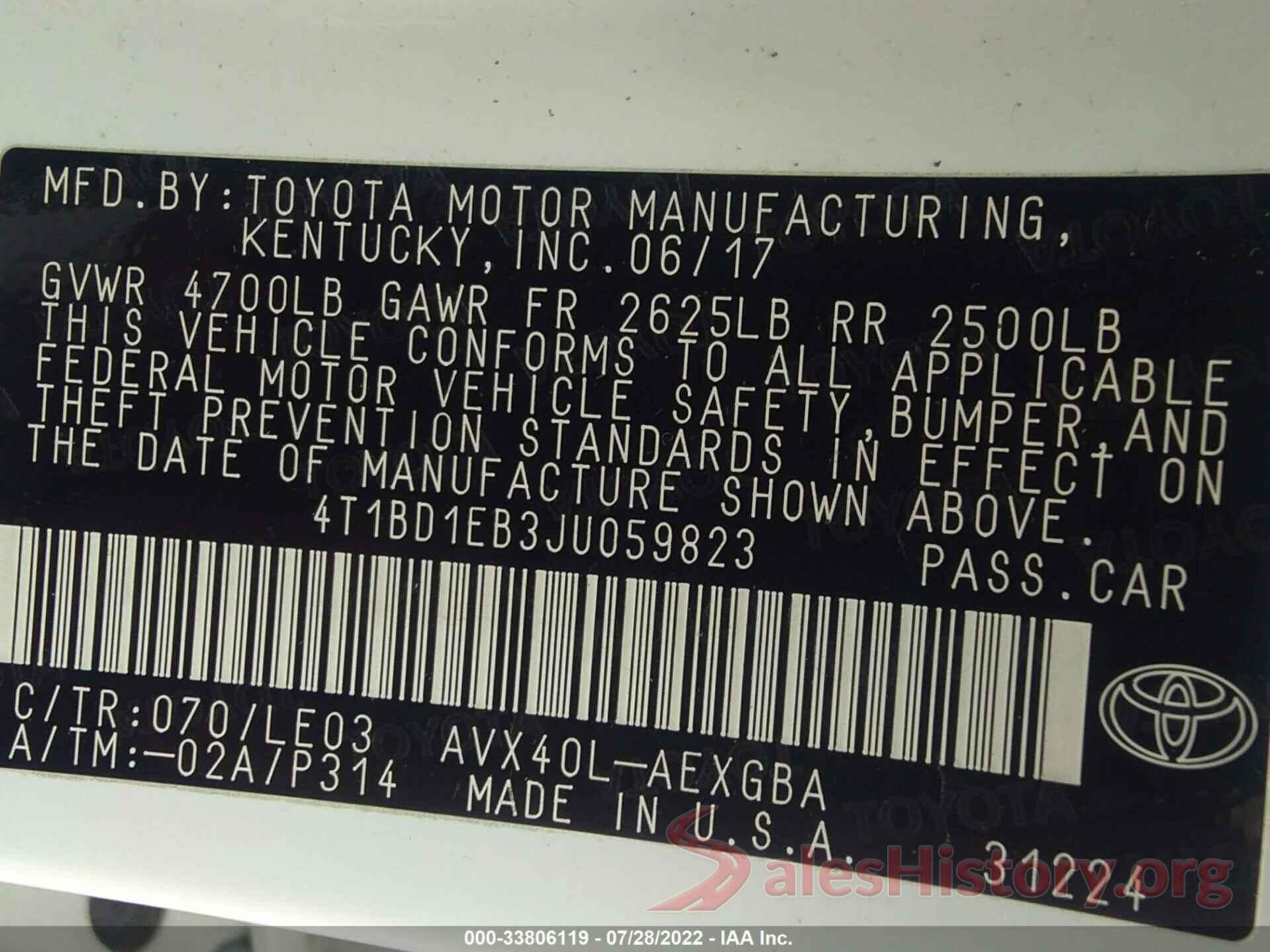 4T1BD1EB3JU059823 2018 TOYOTA AVALON