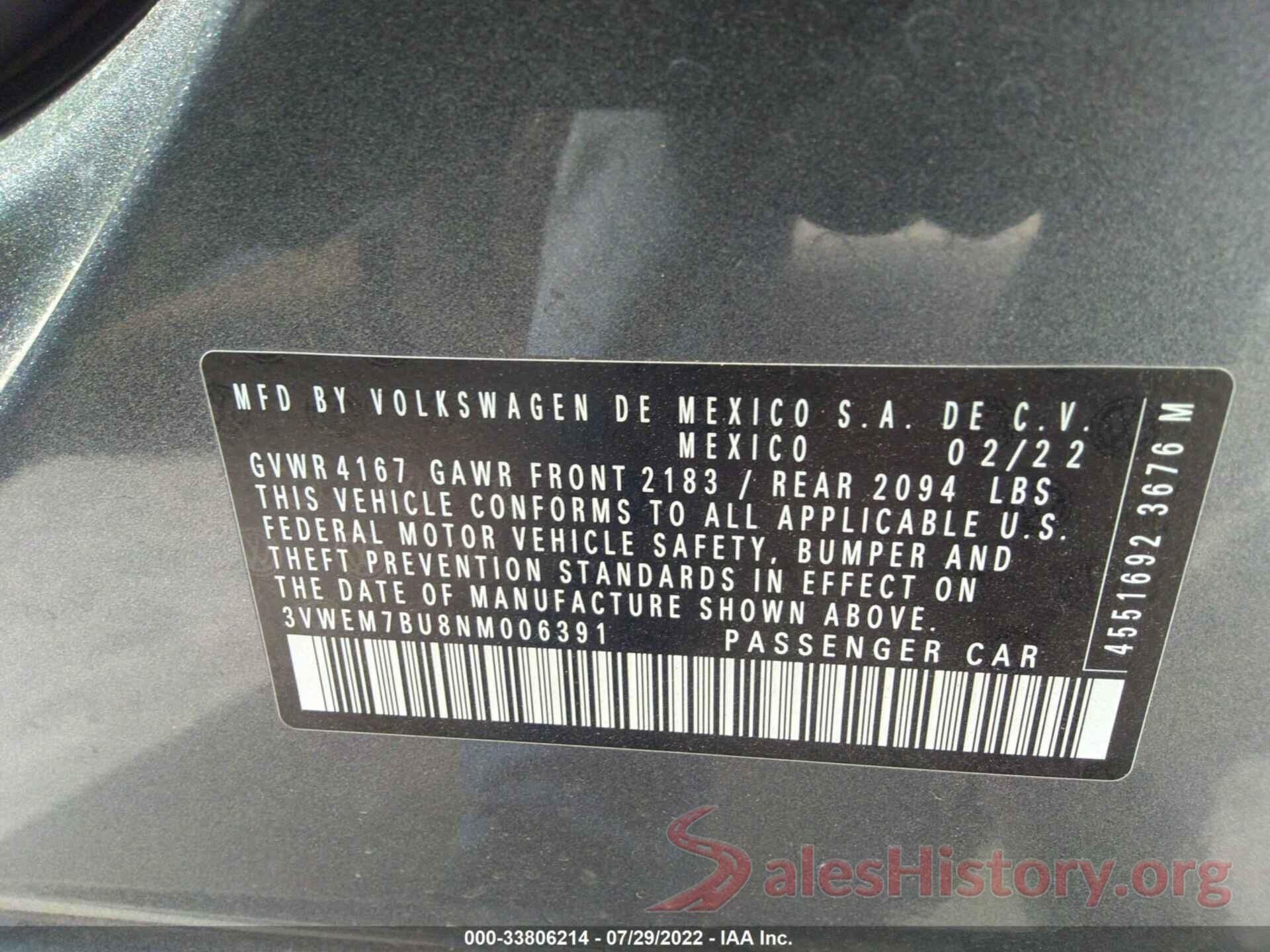 3VWEM7BU8NM006391 2022 VOLKSWAGEN JETTA