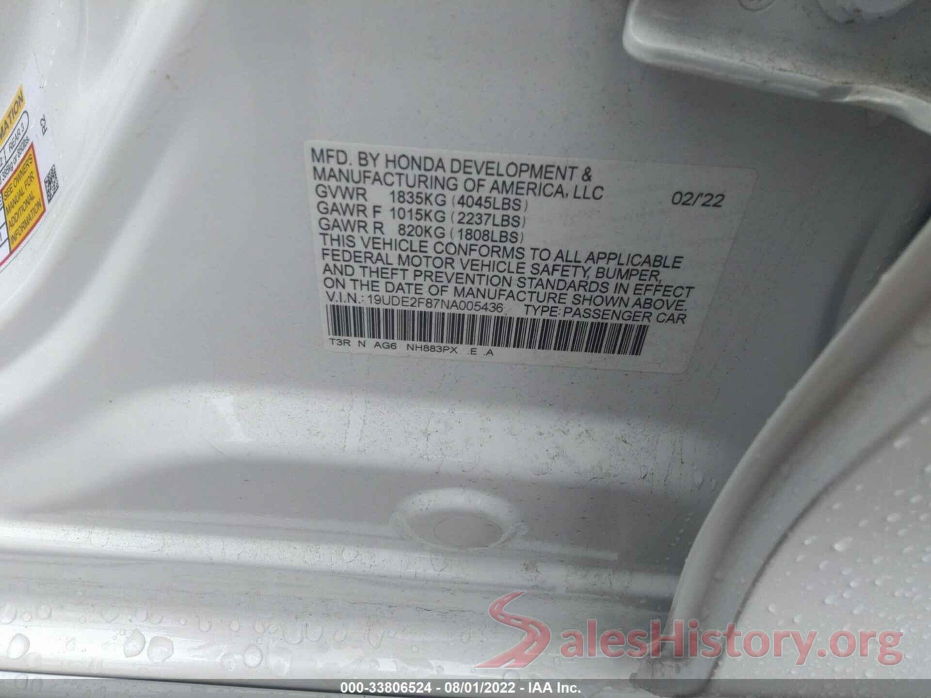 19UDE2F87NA005436 2022 ACURA ILX