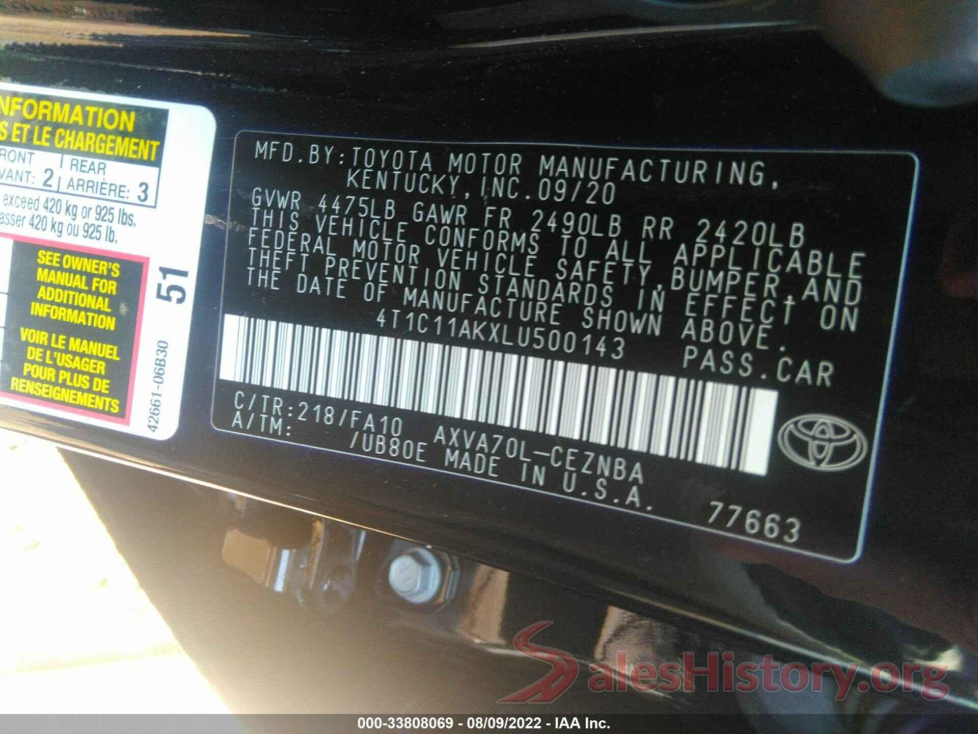 4T1C11AKXLU500143 2020 TOYOTA CAMRY