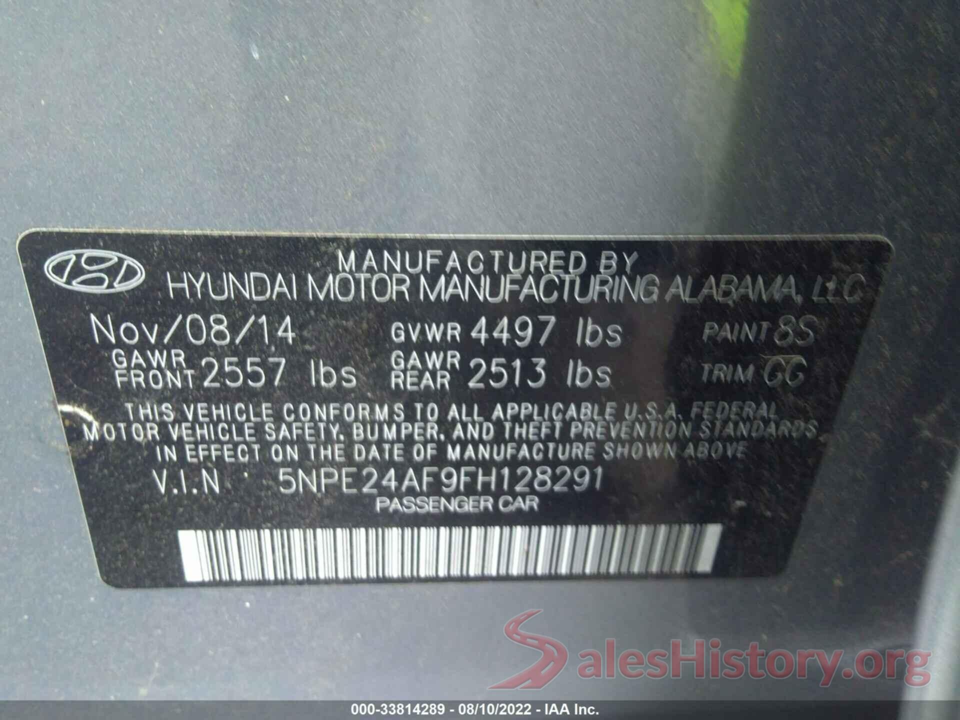 5NPE24AF9FH128291 2015 HYUNDAI SONATA