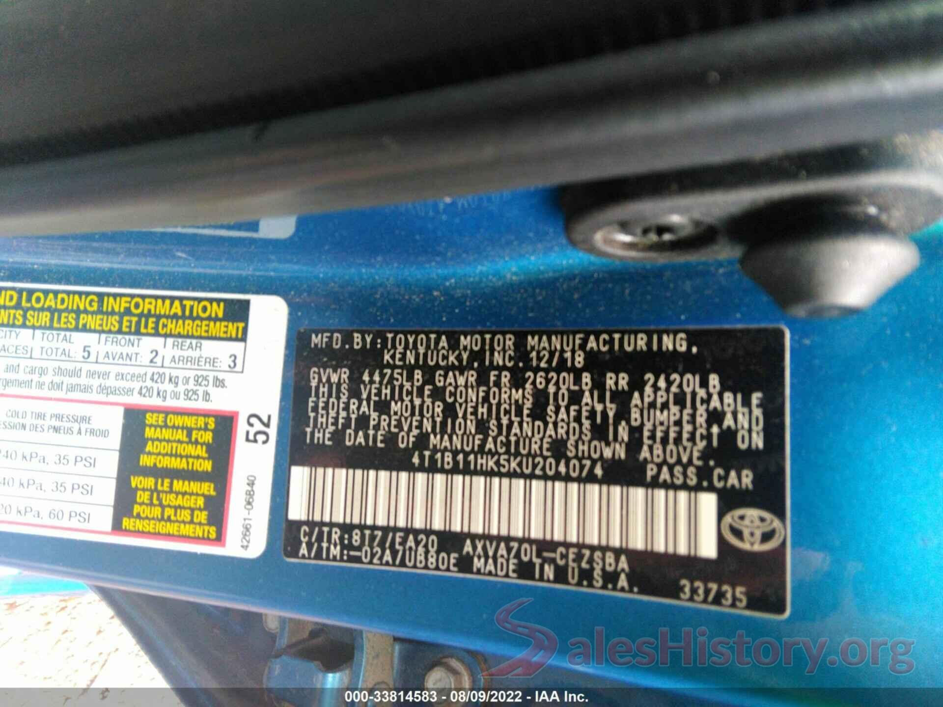 4T1B11HK5KU204074 2019 TOYOTA CAMRY