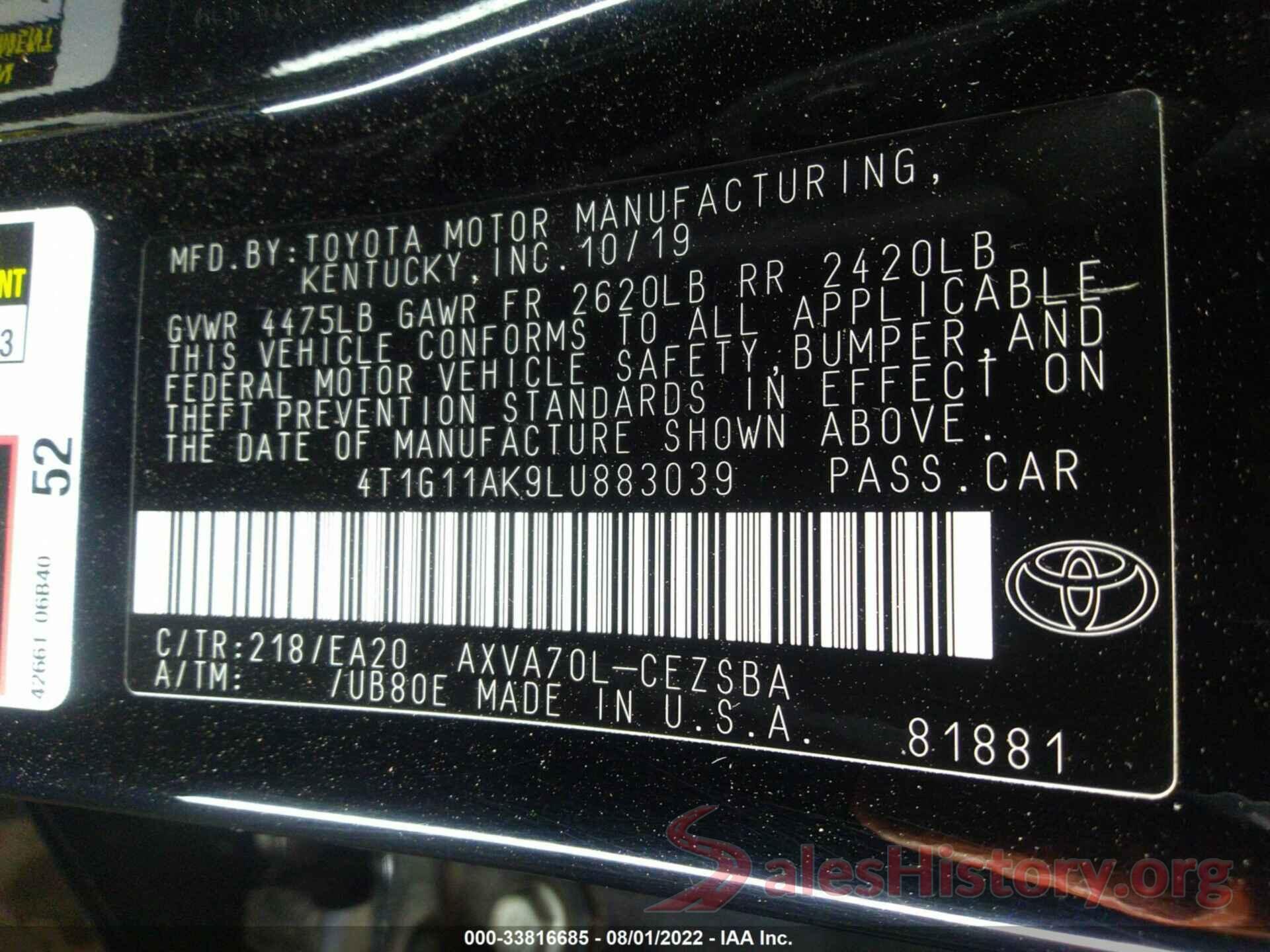 4T1G11AK9LU883039 2020 TOYOTA CAMRY