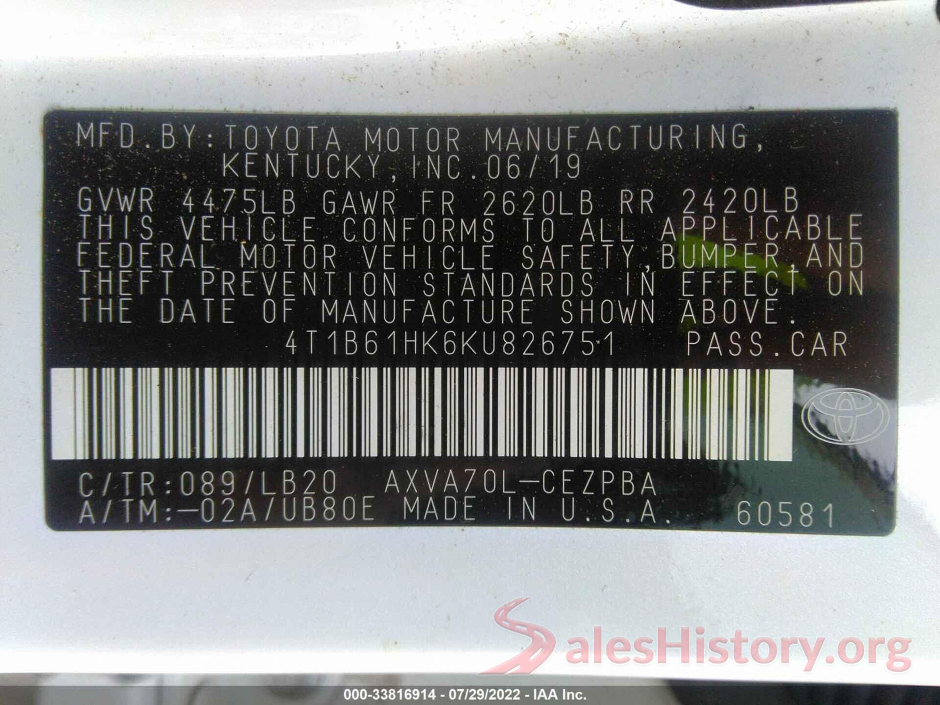 4T1B61HK6KU826751 2019 TOYOTA CAMRY