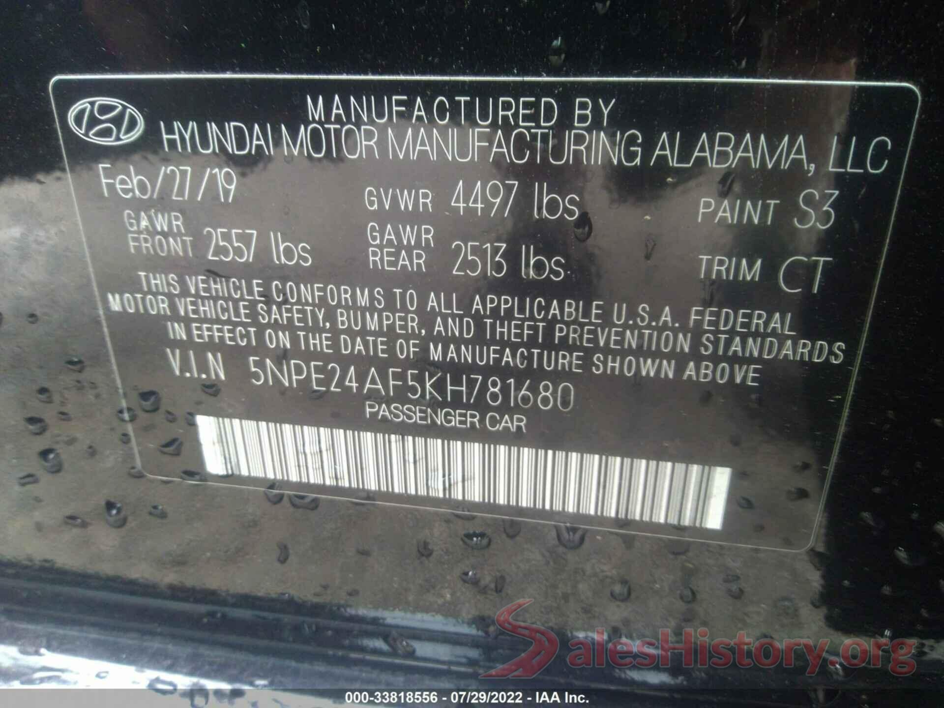 5NPE24AF5KH781680 2019 HYUNDAI SONATA