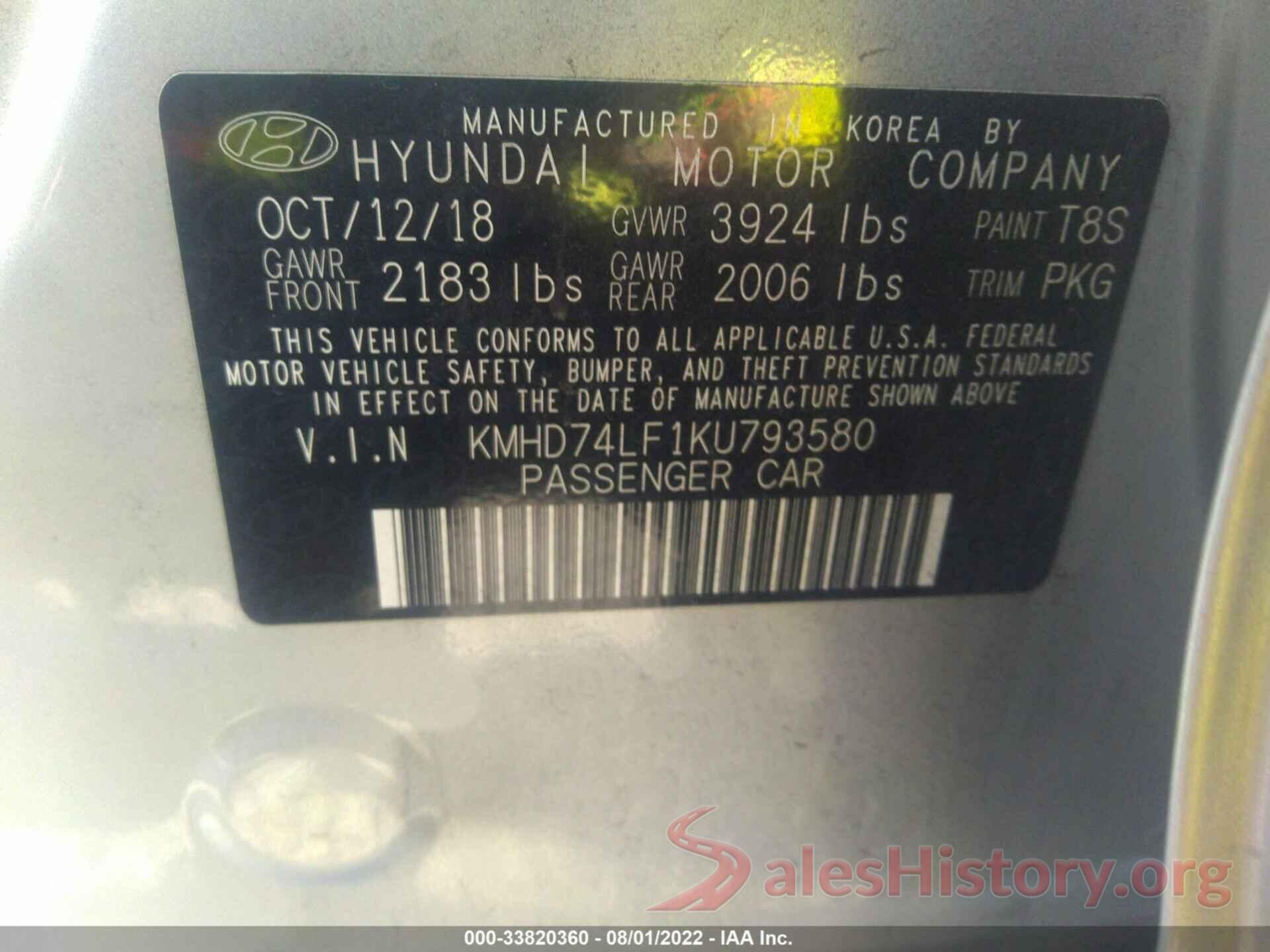 KMHD74LF1KU793580 2019 HYUNDAI ELANTRA