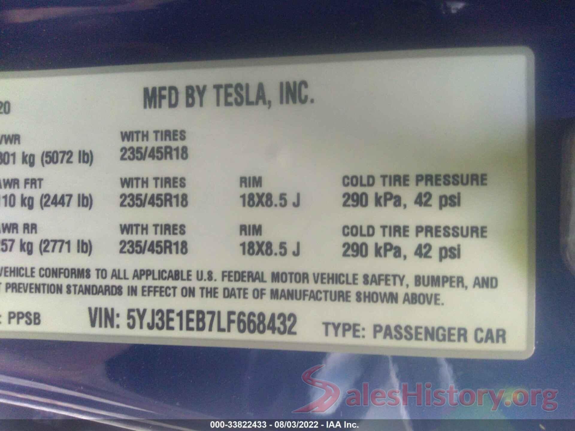 5YJ3E1EB7LF668432 2020 TESLA MODEL 3