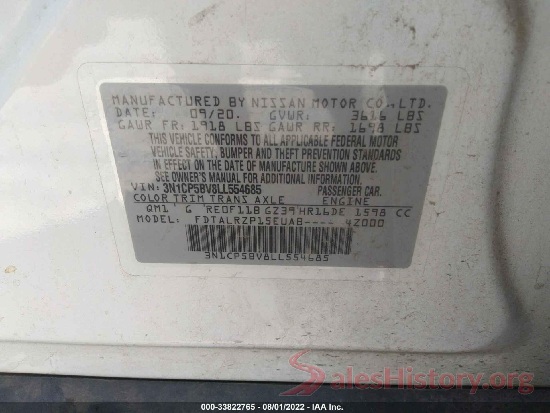 3N1CP5BV8LL554685 2020 NISSAN KICKS