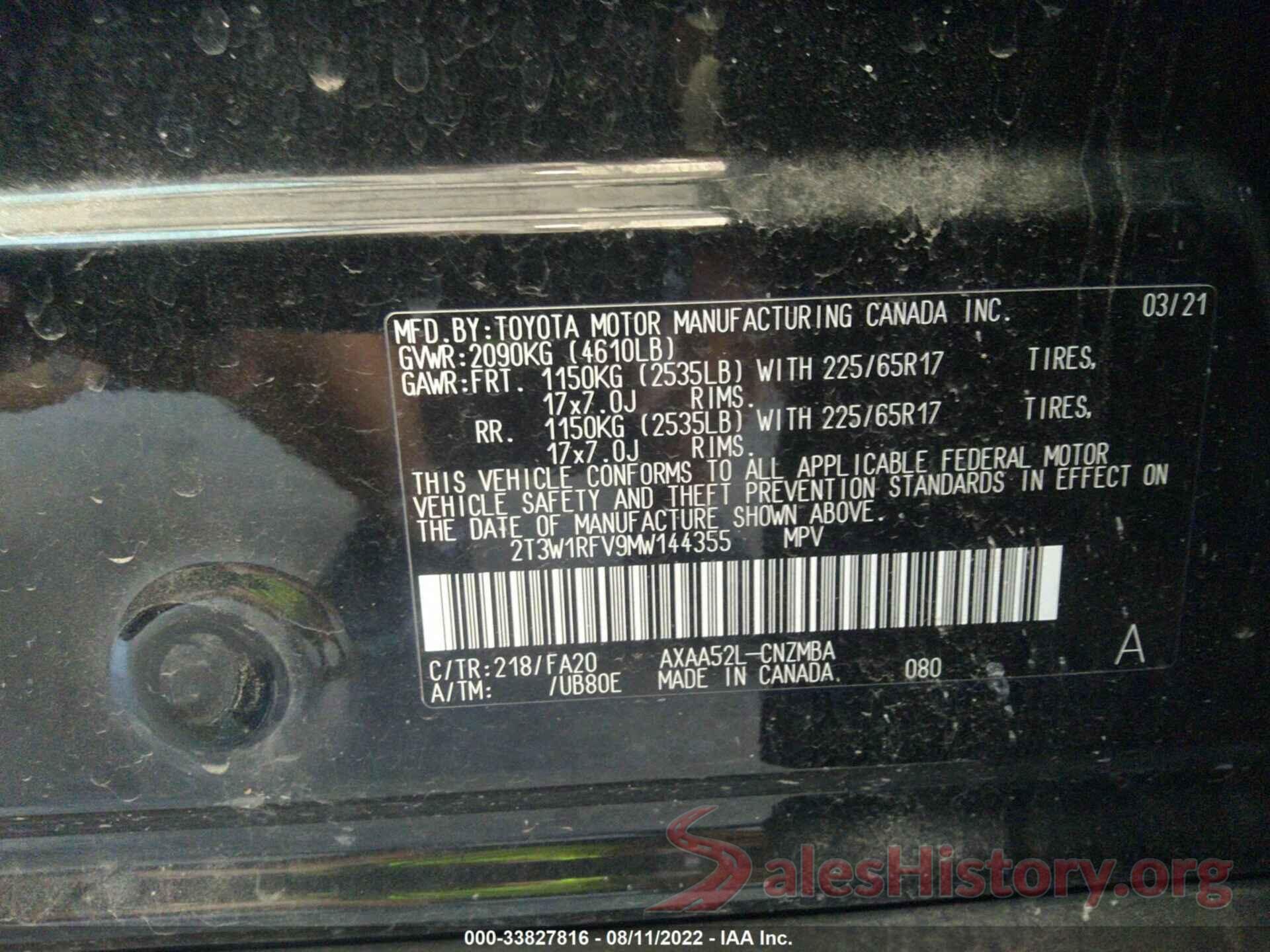 2T3W1RFV9MW144355 2021 TOYOTA RAV4