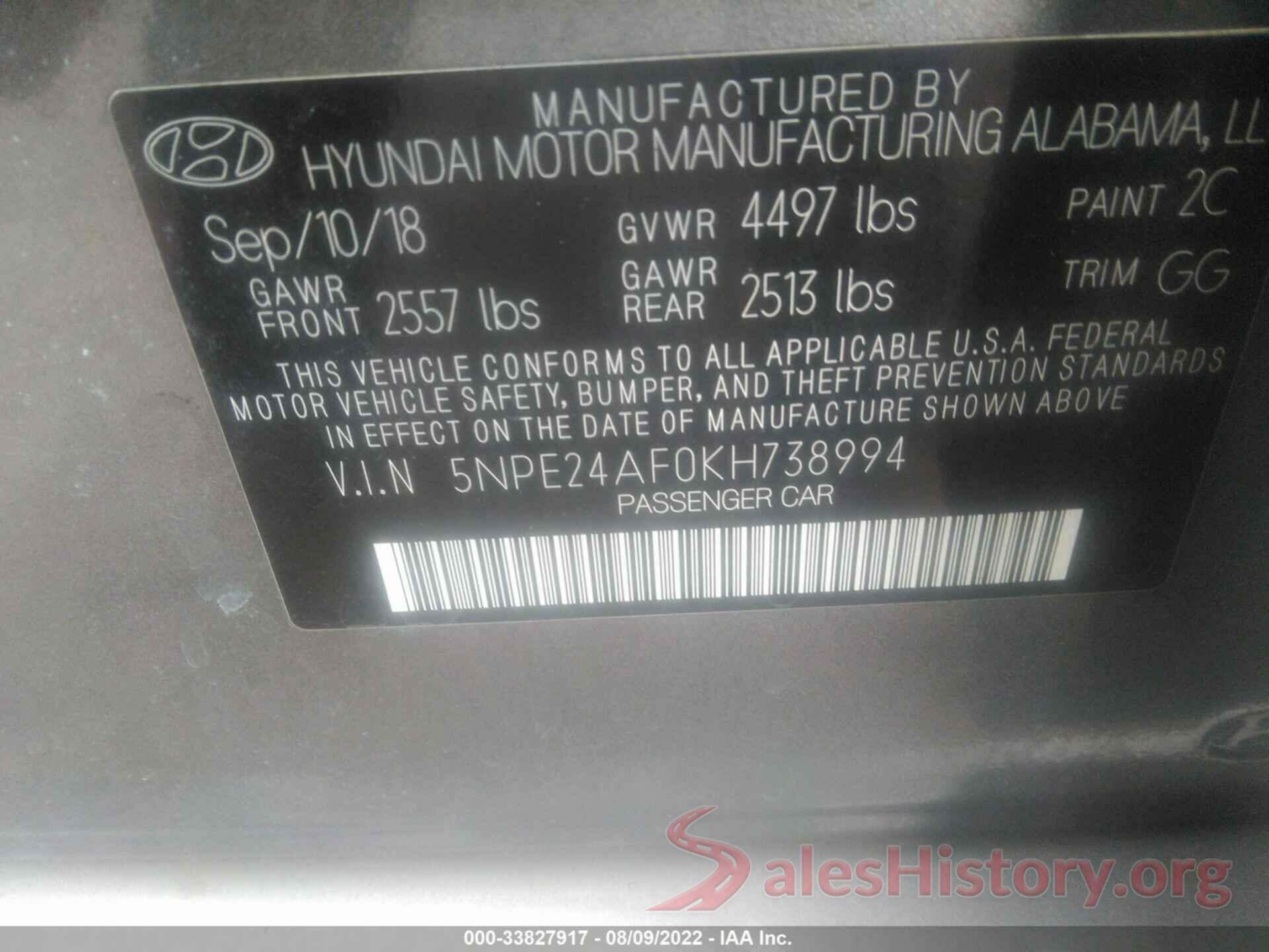 5NPE24AF0KH738994 2019 HYUNDAI SONATA