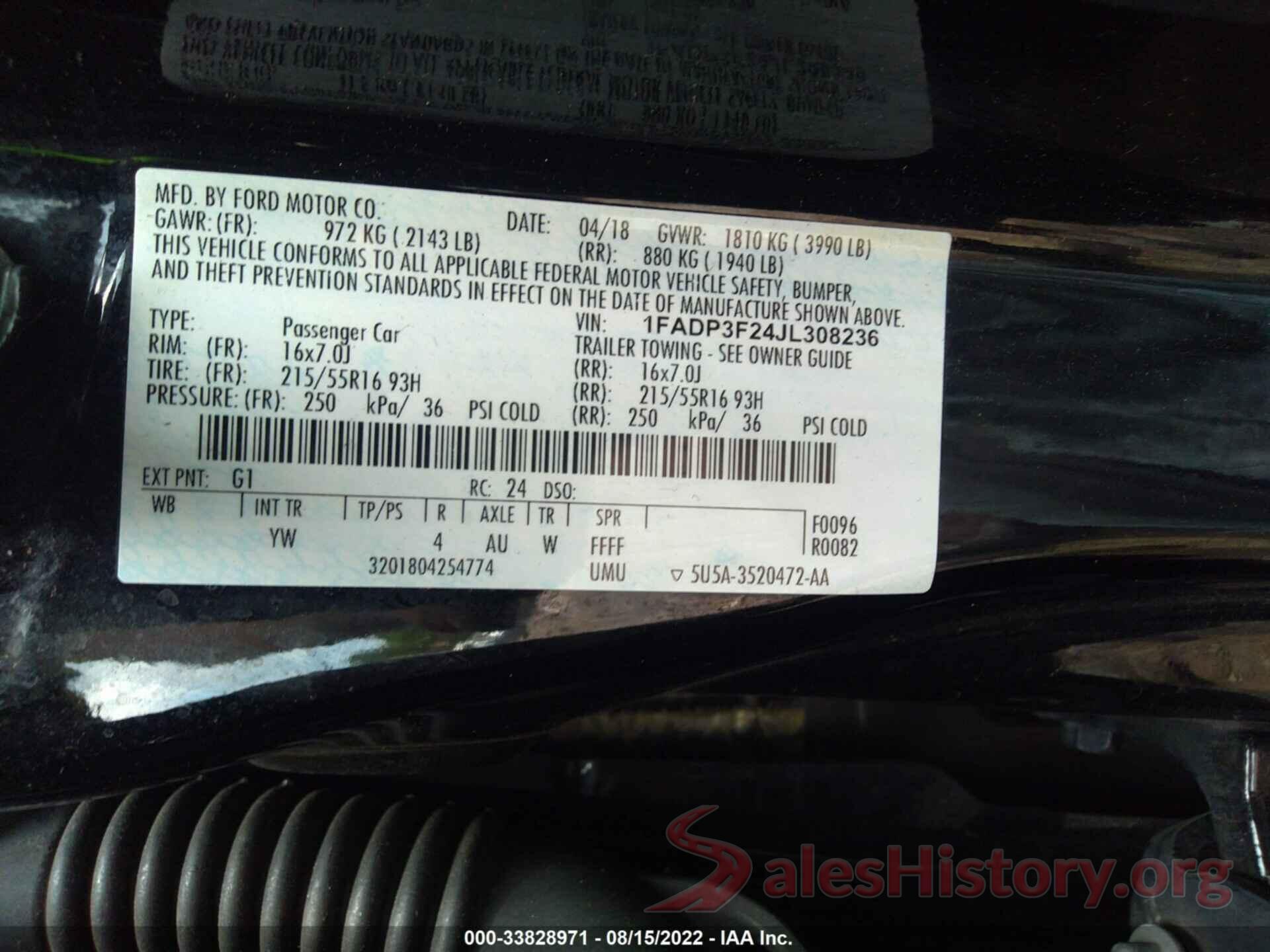 1FADP3F24JL308236 2018 FORD FOCUS