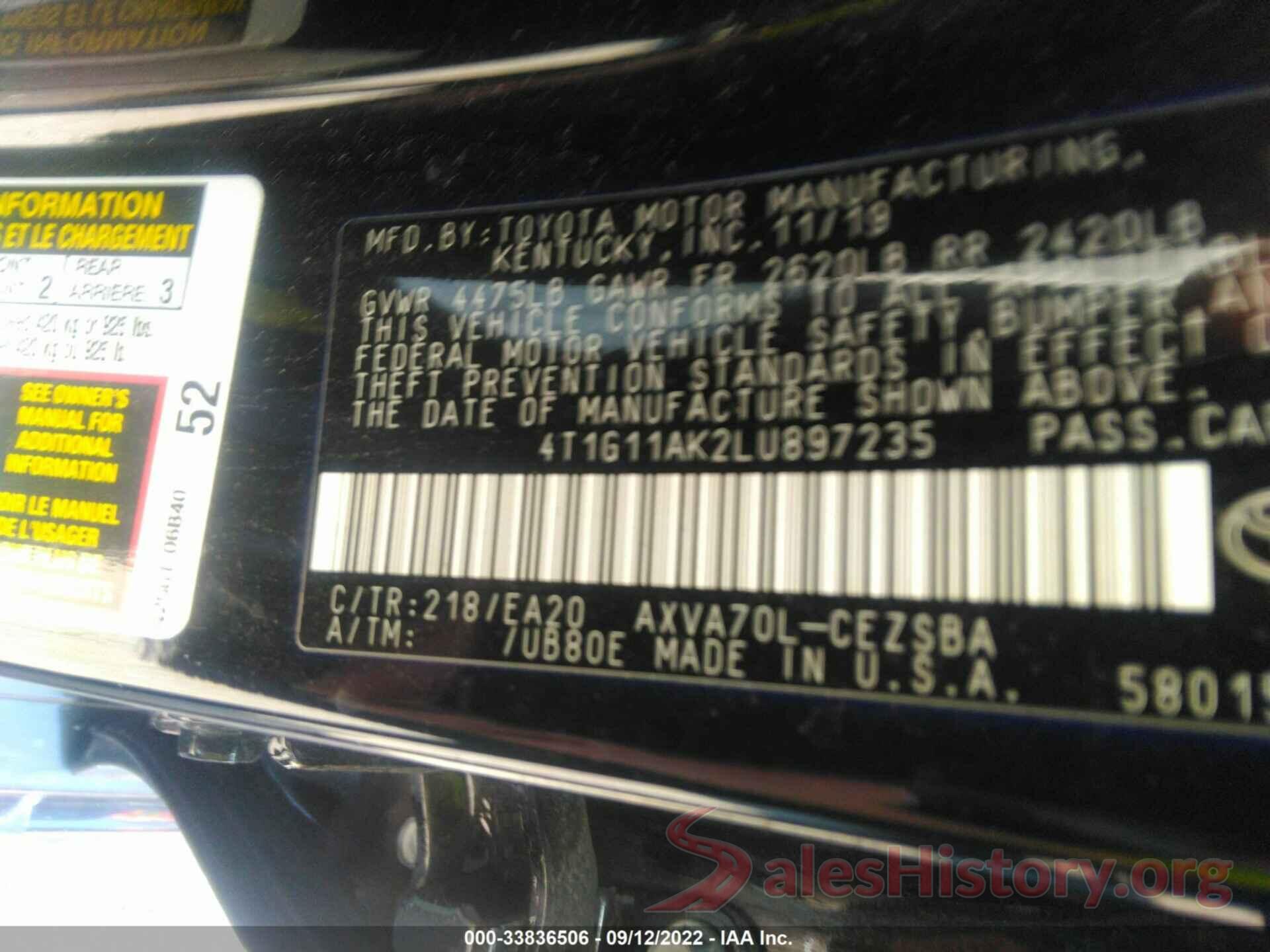 4T1G11AK2LU897235 2020 TOYOTA CAMRY