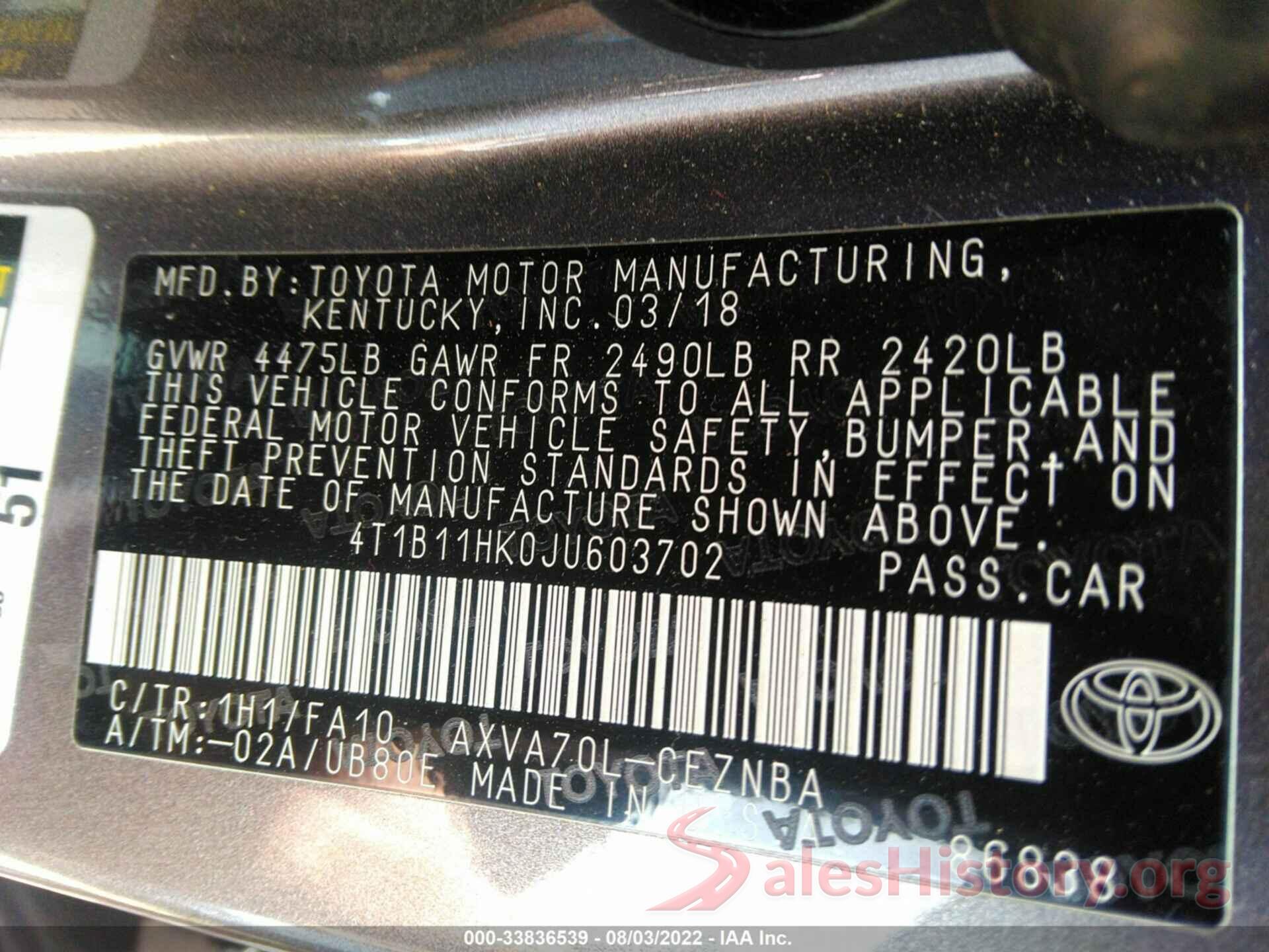 4T1B11HK0JU603702 2018 TOYOTA CAMRY