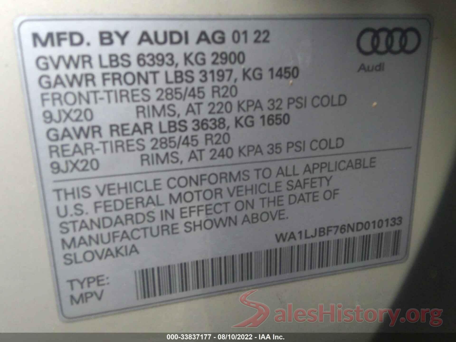 WA1LJBF76ND010133 2022 AUDI Q7