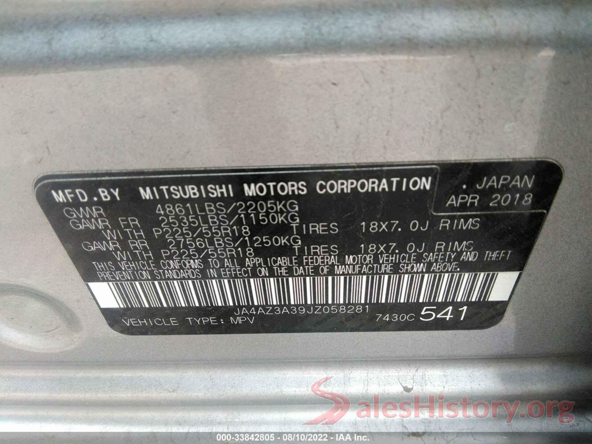 JA4AZ3A39JZ058281 2018 MITSUBISHI OUTLANDER