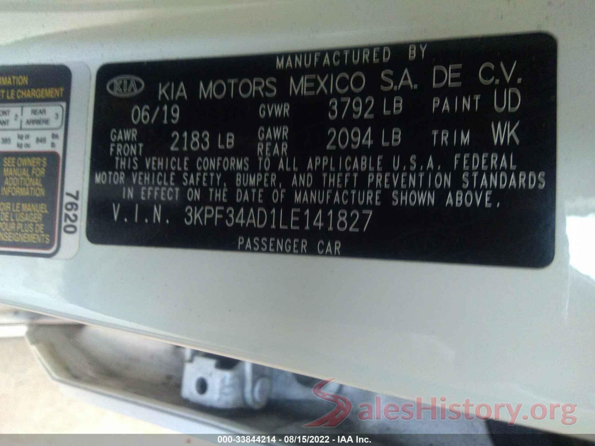 3KPF34AD1LE141827 2020 KIA FORTE