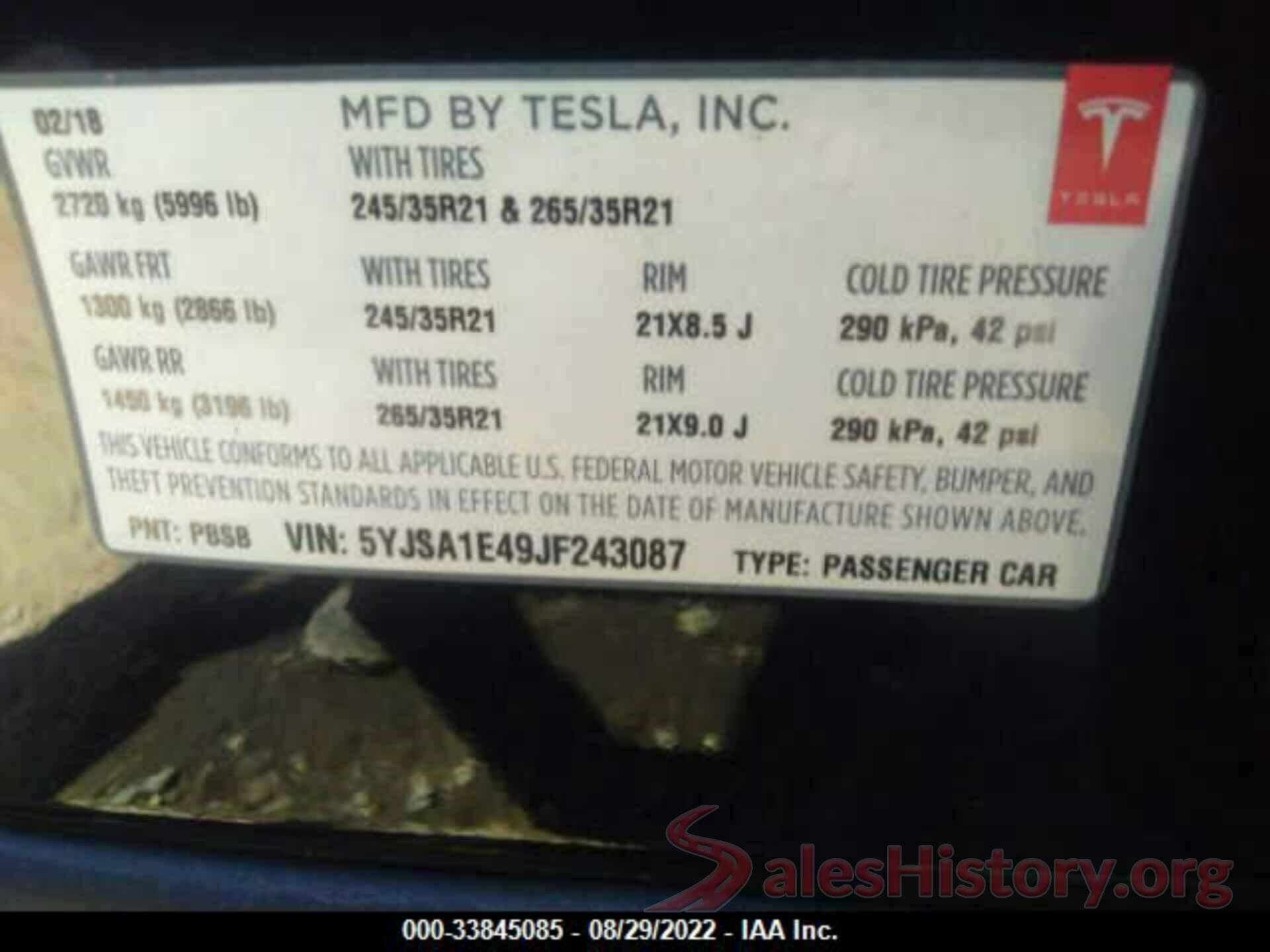 5YJSA1E49JF243087 2018 TESLA MODEL S