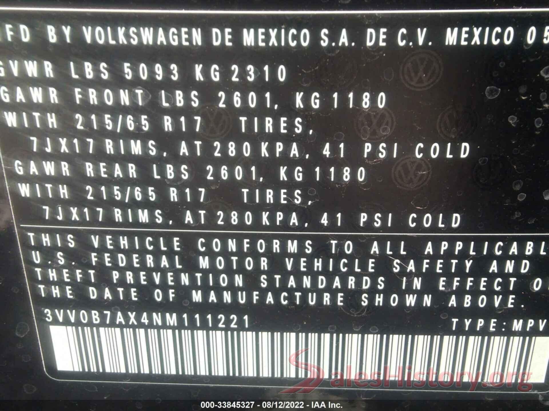 3VV0B7AX4NM111221 2022 VOLKSWAGEN TIGUAN