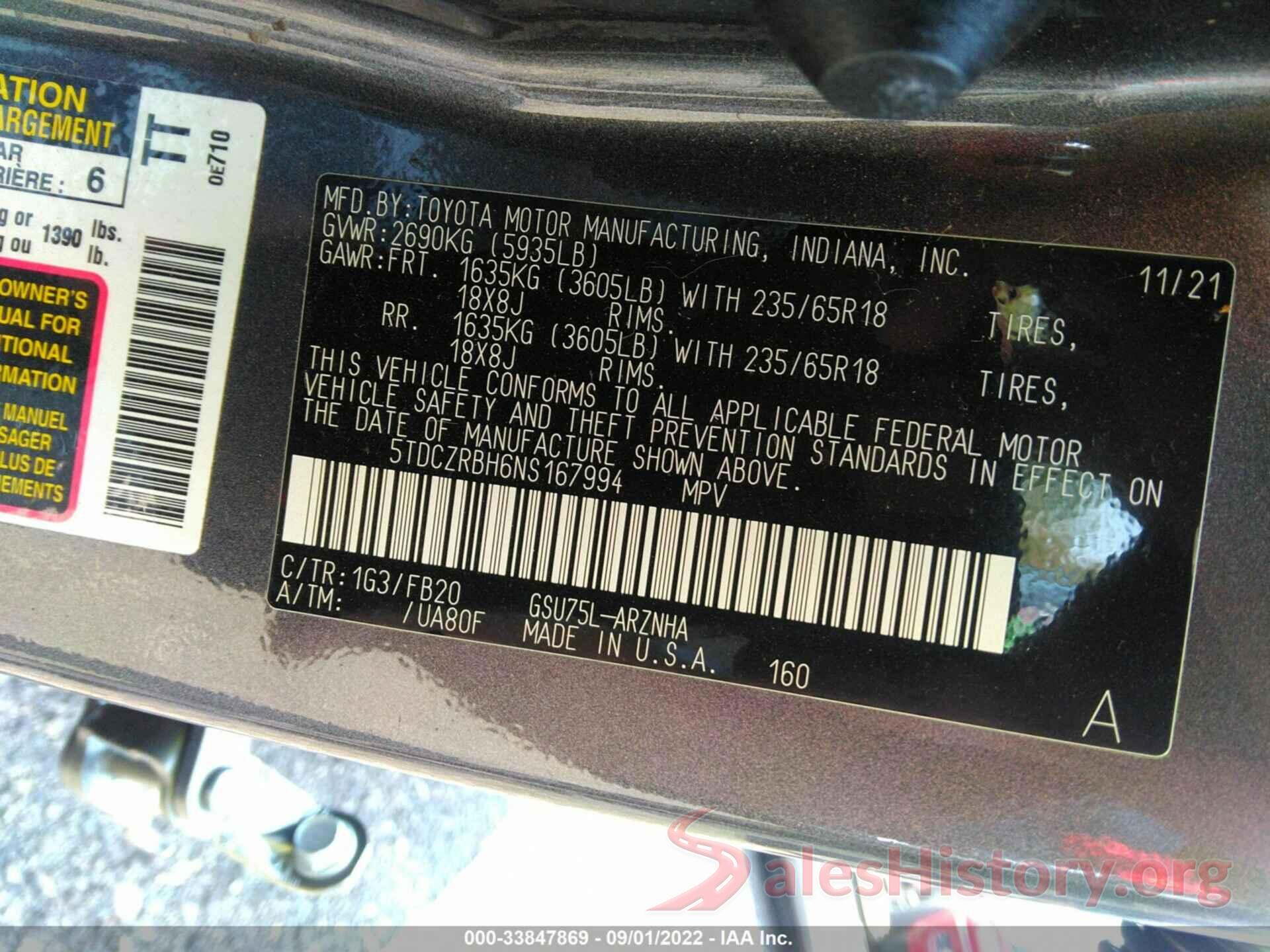 5TDCZRBH6NS167994 2022 TOYOTA HIGHLANDER