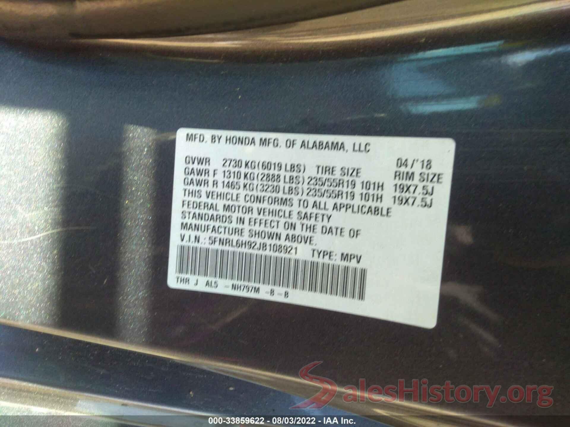 5FNRL6H92JB108921 2018 HONDA ODYSSEY