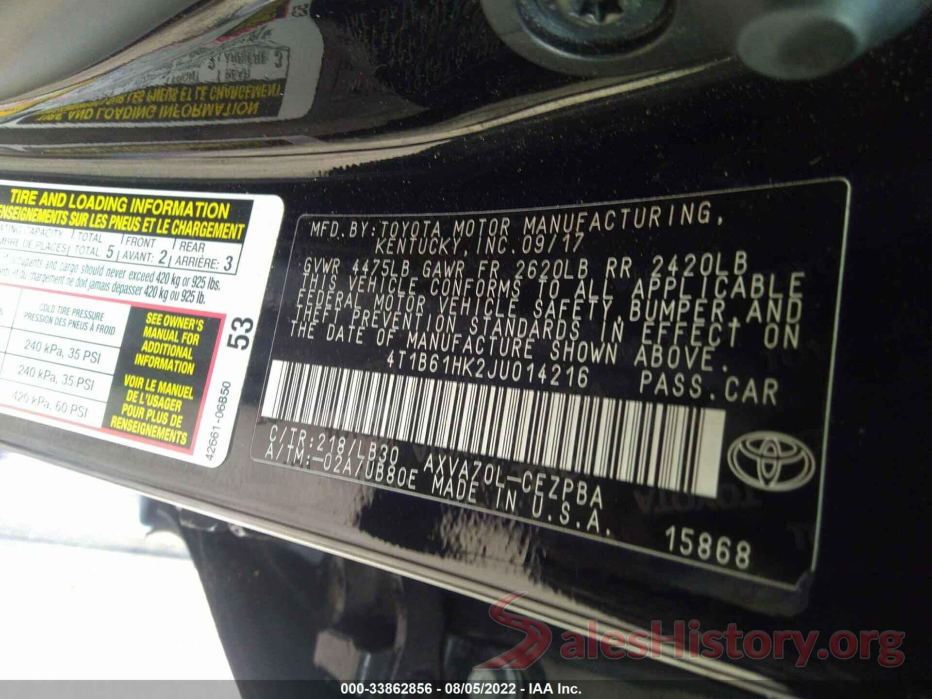 4T1B61HK2JU014216 2018 TOYOTA CAMRY