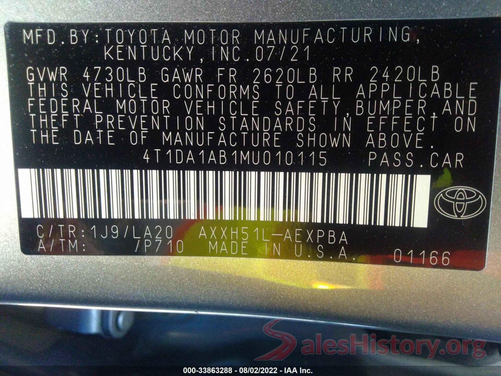 4T1DA1AB1MU010115 2021 TOYOTA AVALON