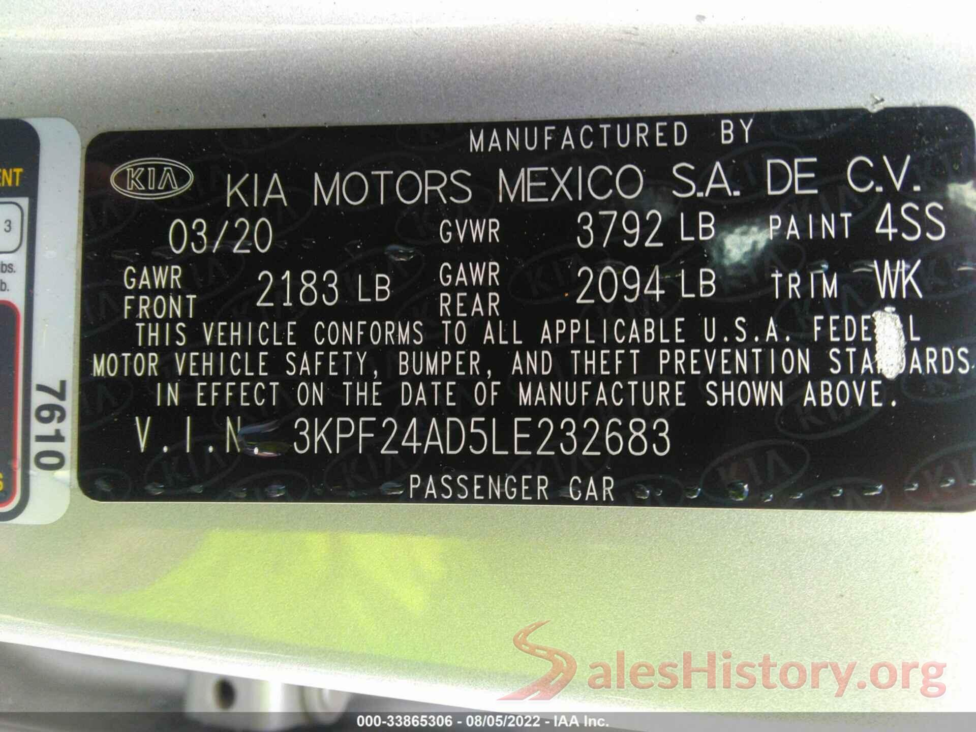 3KPF24AD5LE232683 2020 KIA FORTE