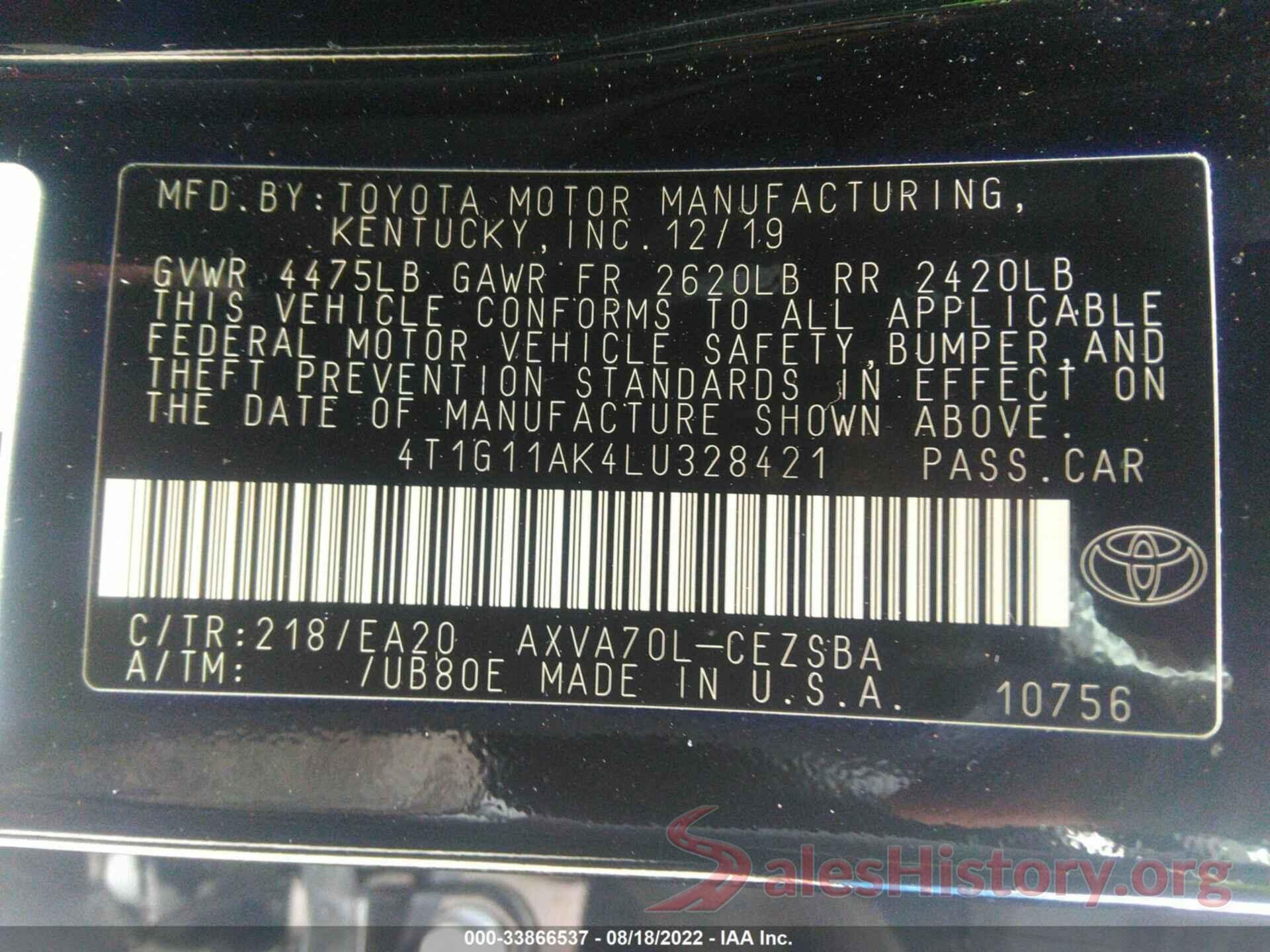 4T1G11AK4LU328421 2020 TOYOTA CAMRY