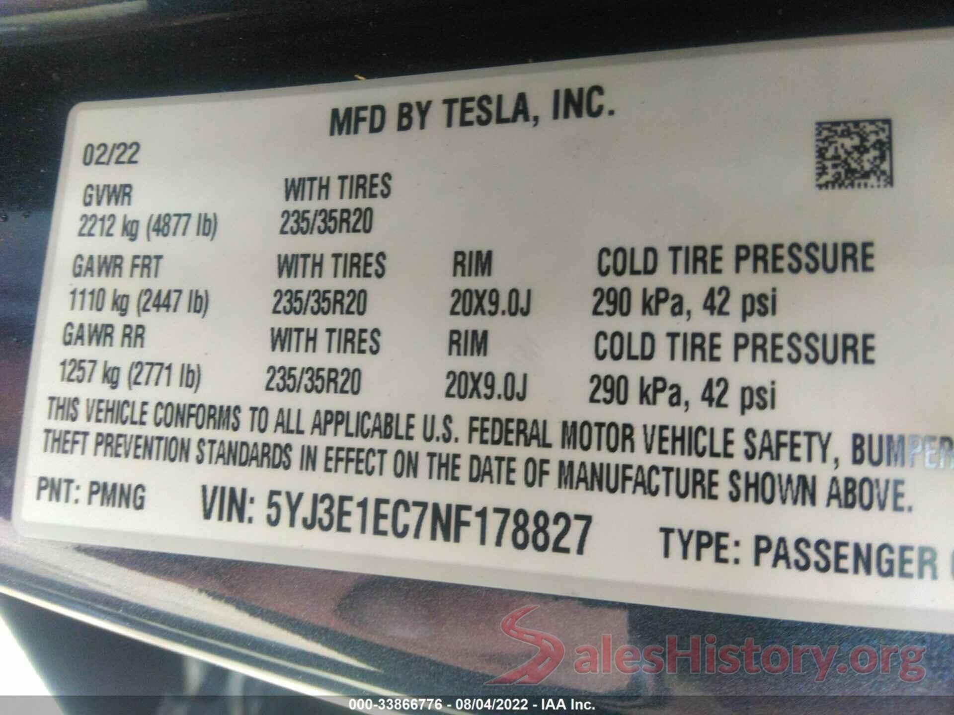 5YJ3E1EC7NF178827 2022 TESLA MODEL 3